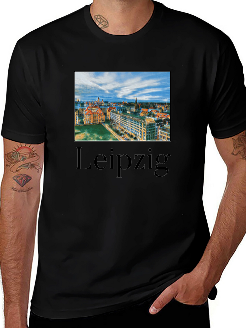 Leipzig Cityscape Graphic Tee - Black Cotton T-Shirt