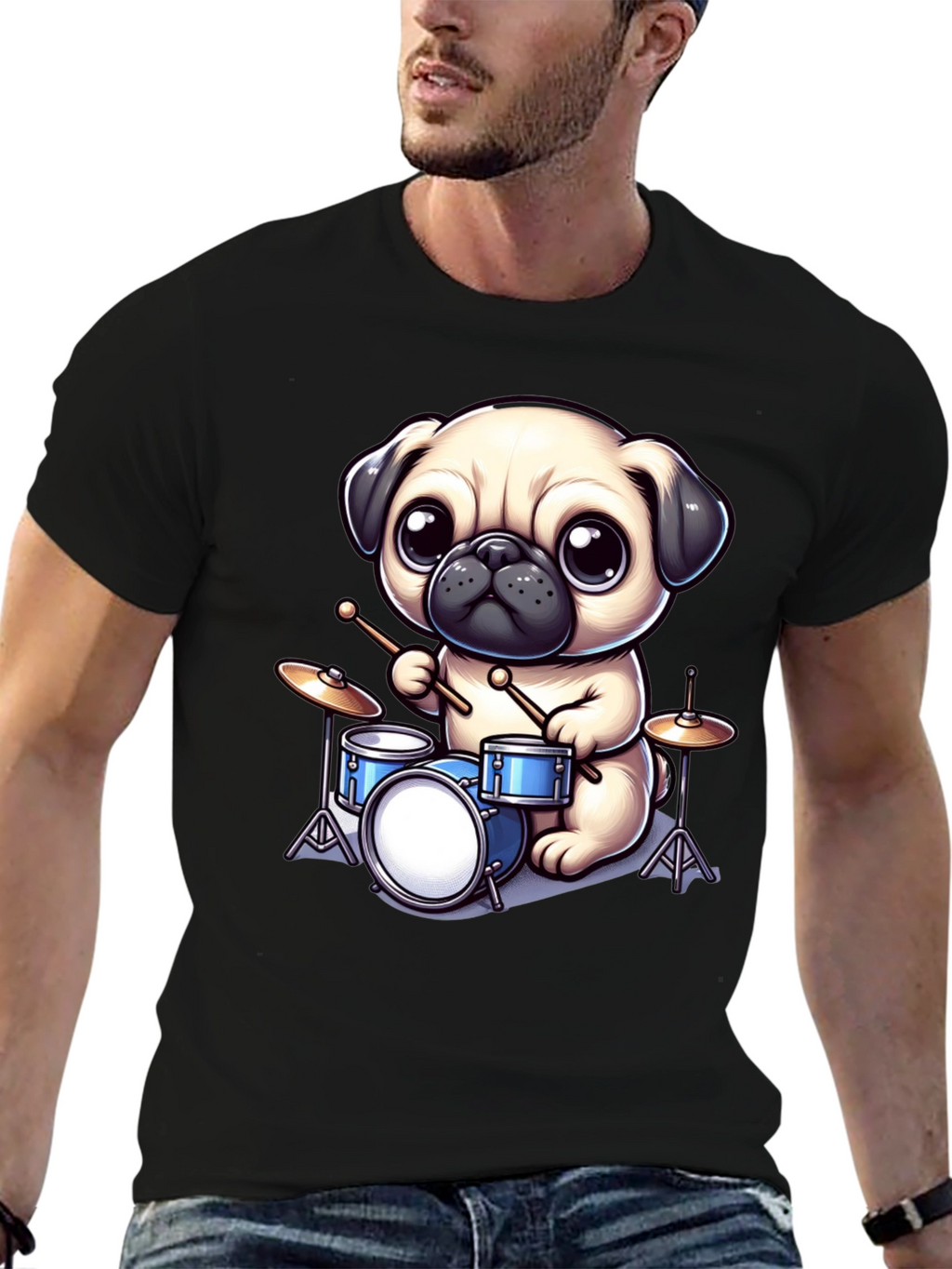 Pug Drummer Graphic Tee - Music Lovers T-Shirt