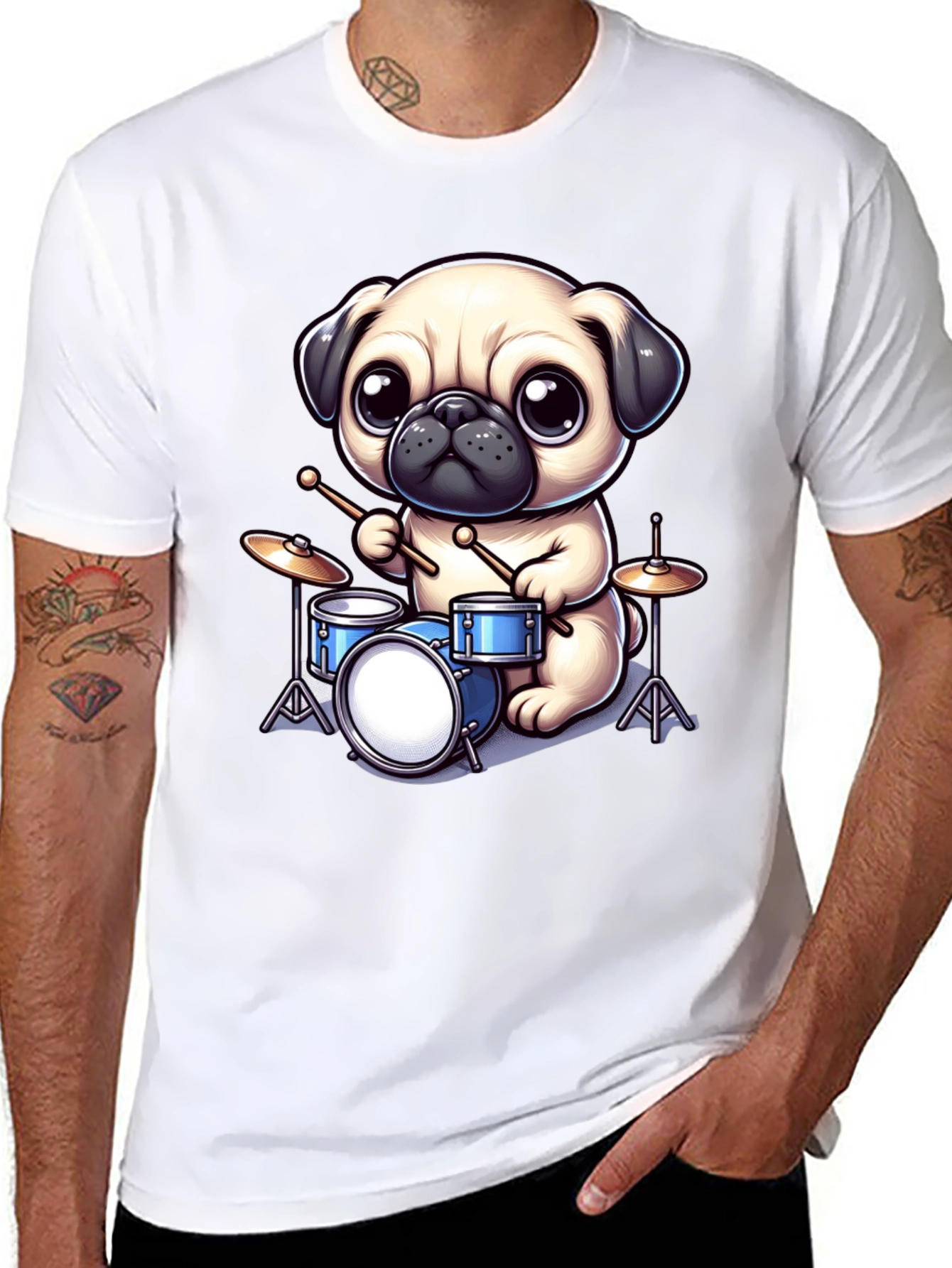 Pug Drummer Graphic Tee - Music Lovers T-Shirt
