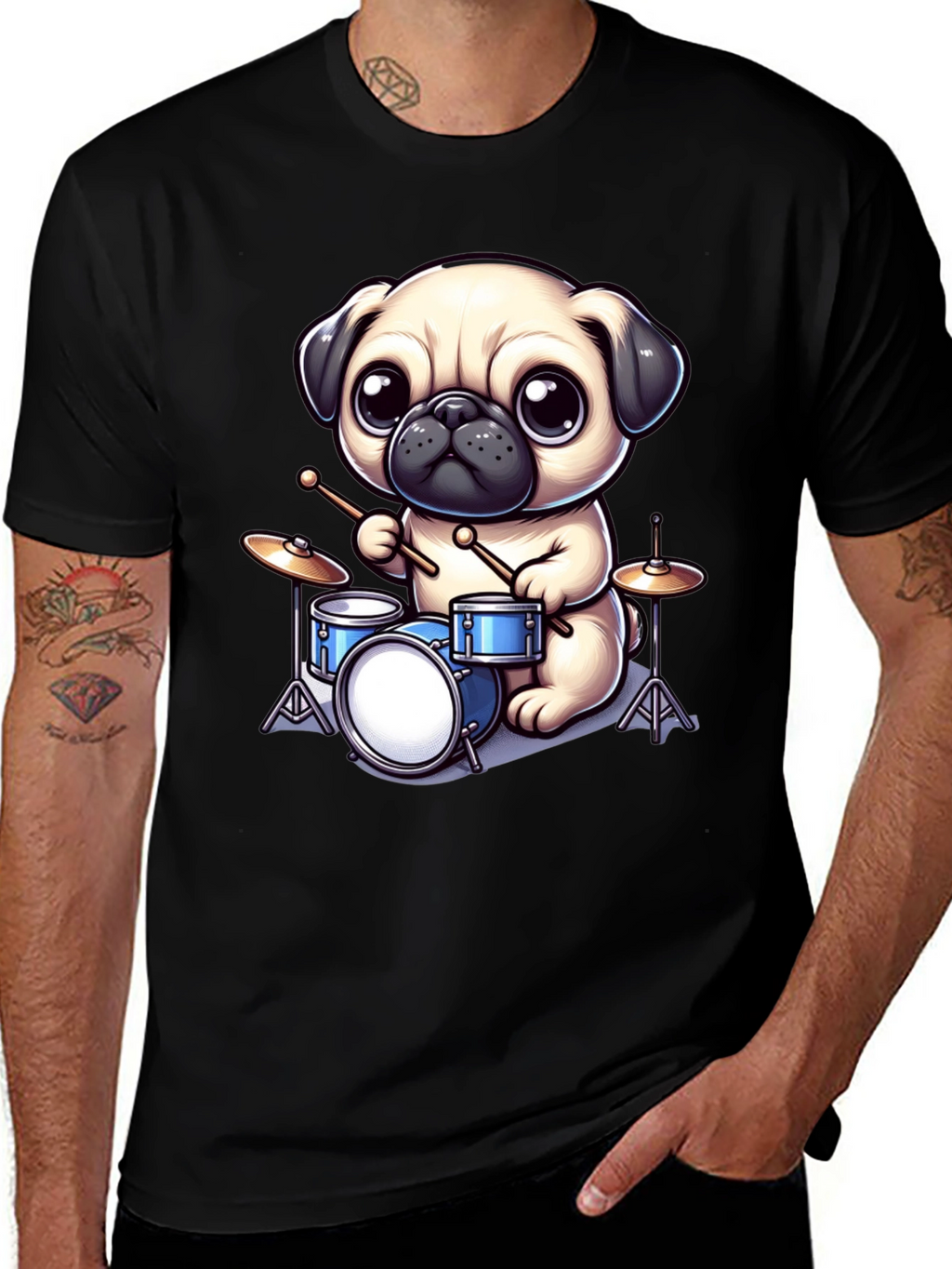 Pug Drummer Graphic Tee - Music Lovers T-Shirt