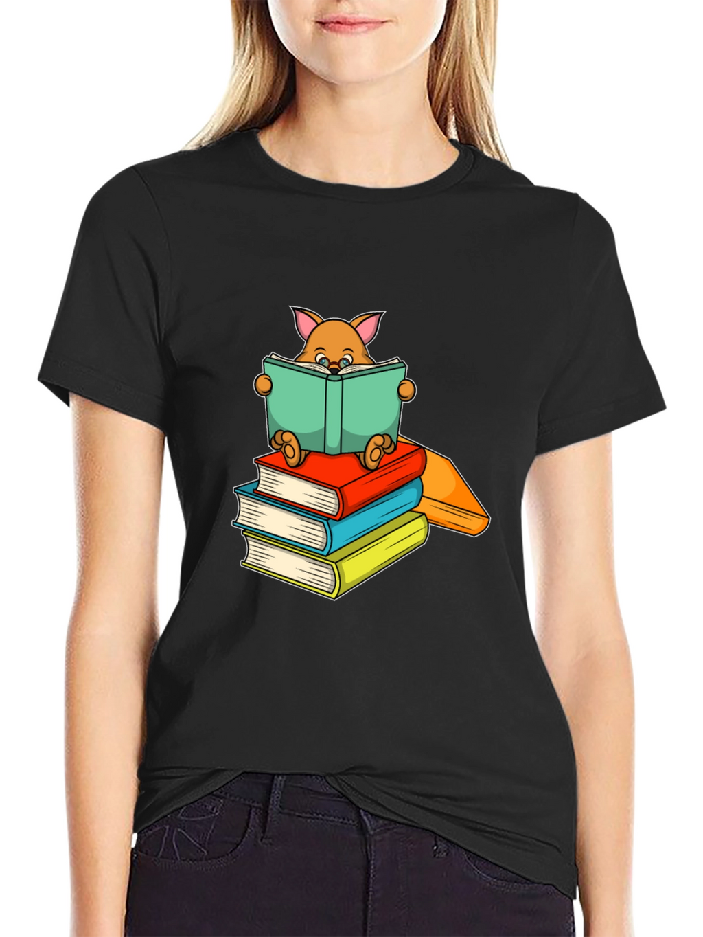 Bookworm Cat T-Shirt - Black