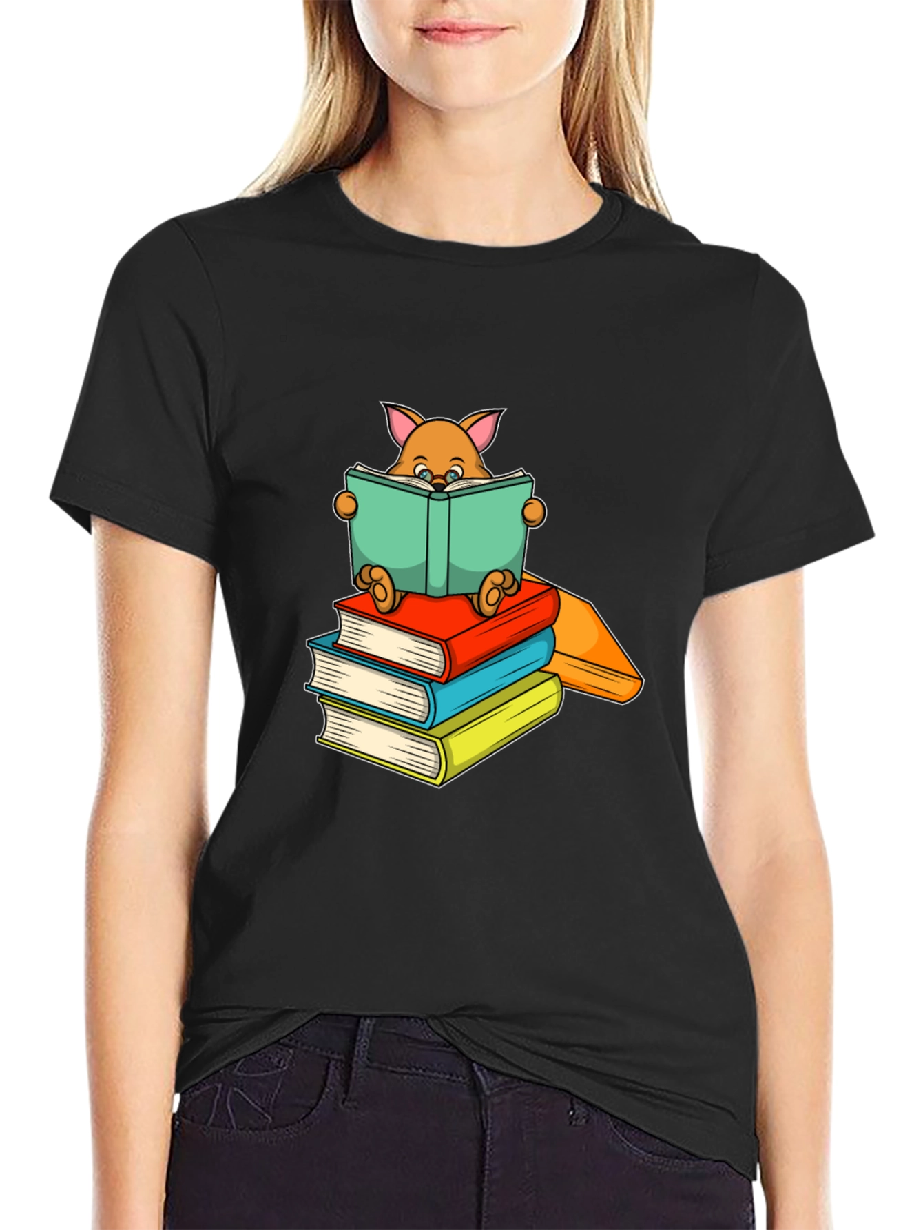 Bookworm Cat T-Shirt - Black