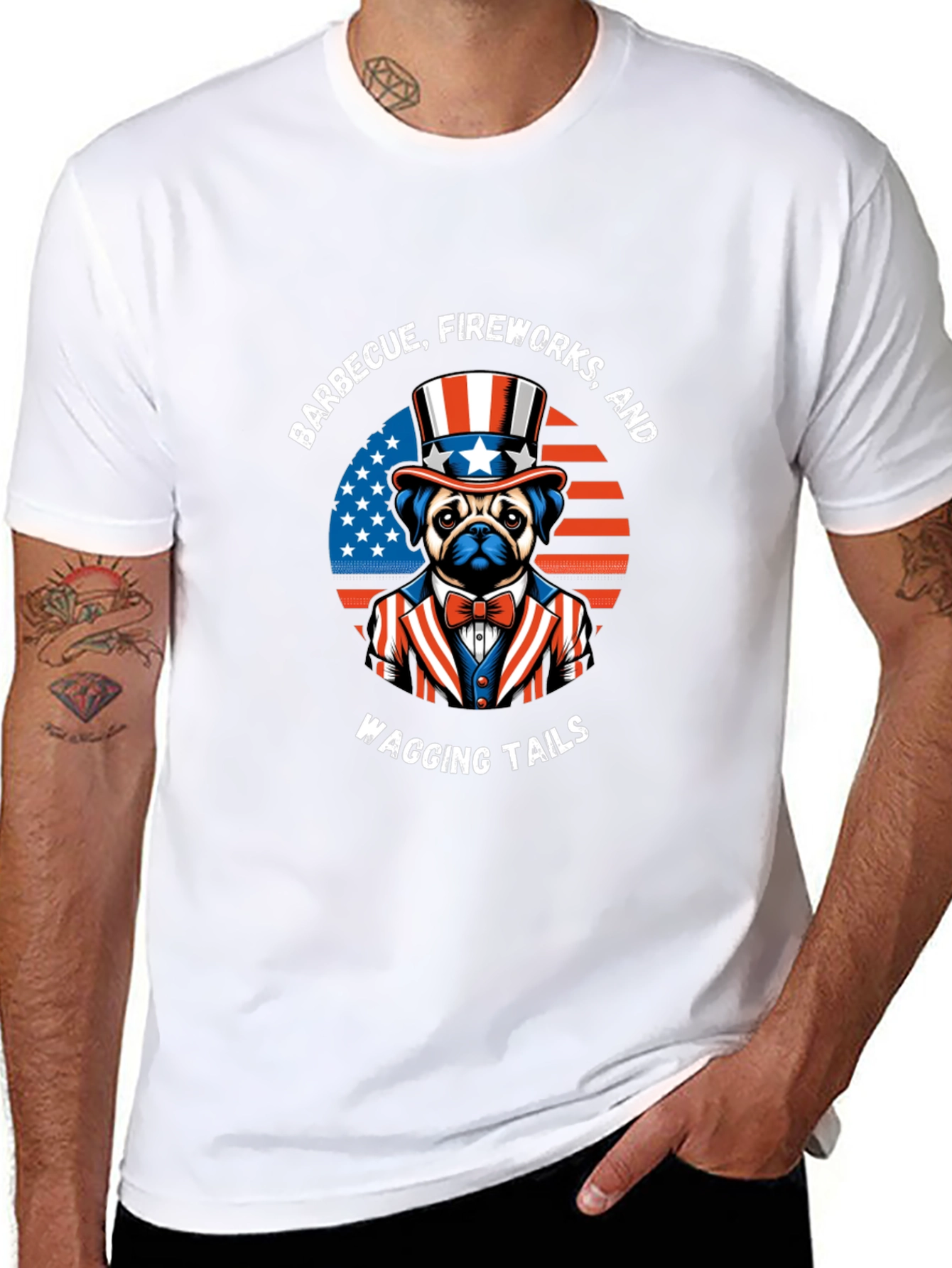 Patriotic Pug BBQ Fireworks Wagging Tails T-Shirt