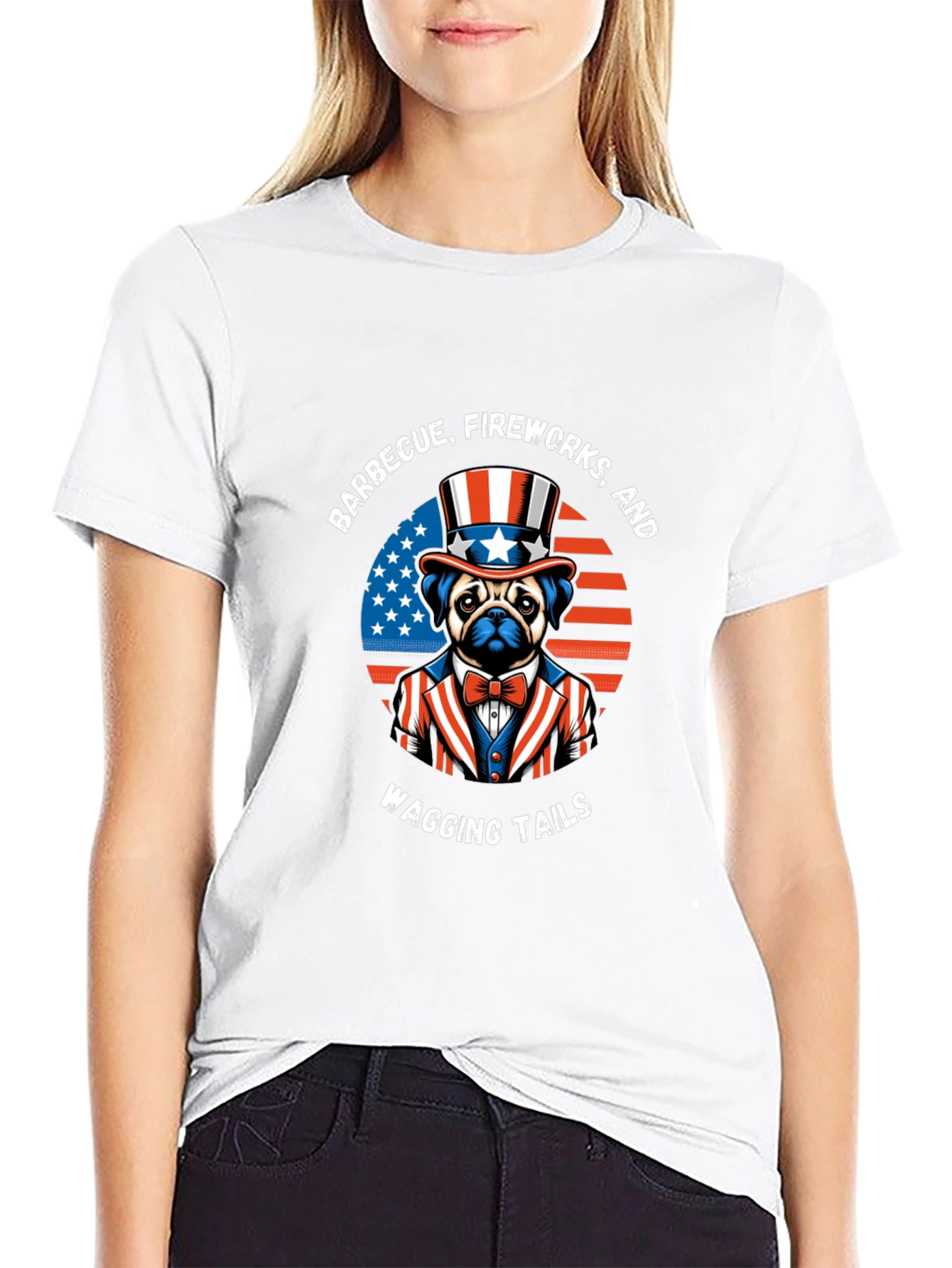 Patriotic Pug BBQ Fireworks Wagging Tails T-Shirt