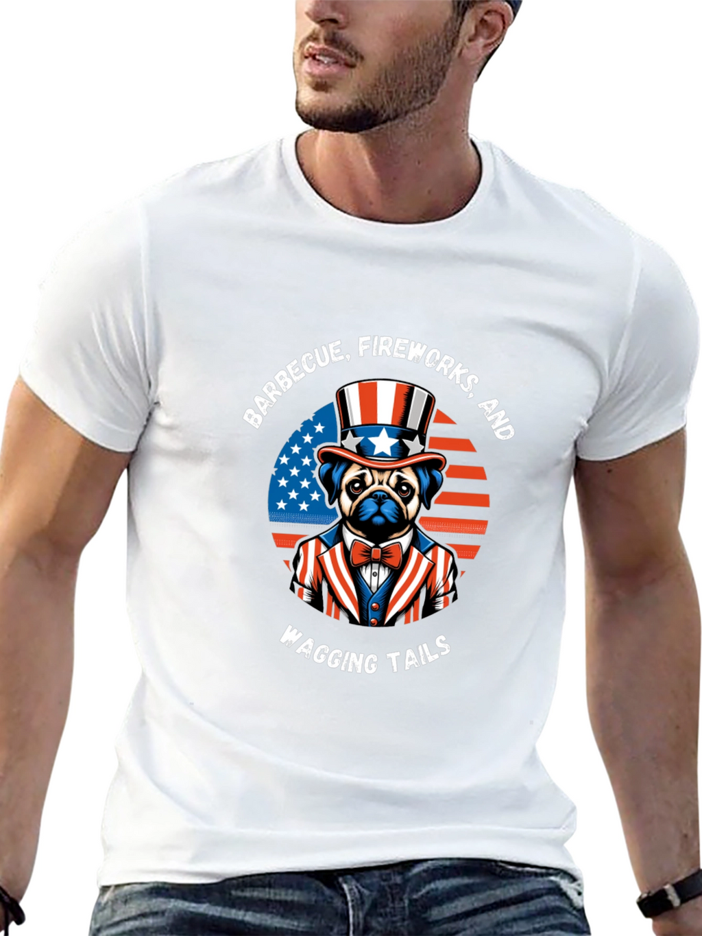 Patriotic Pug BBQ Fireworks Wagging Tails T-Shirt