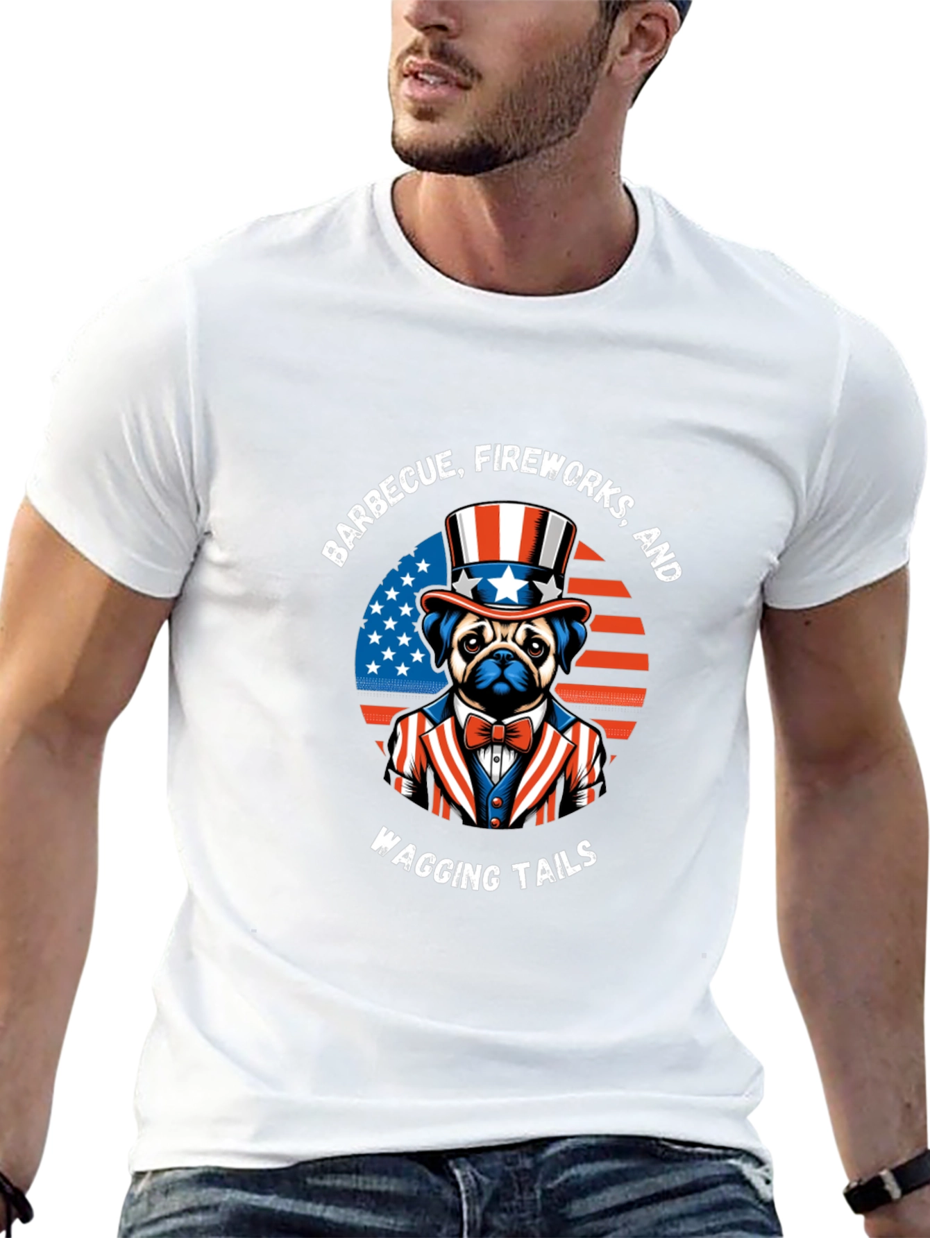 Patriotic Pug BBQ Fireworks Wagging Tails T-Shirt