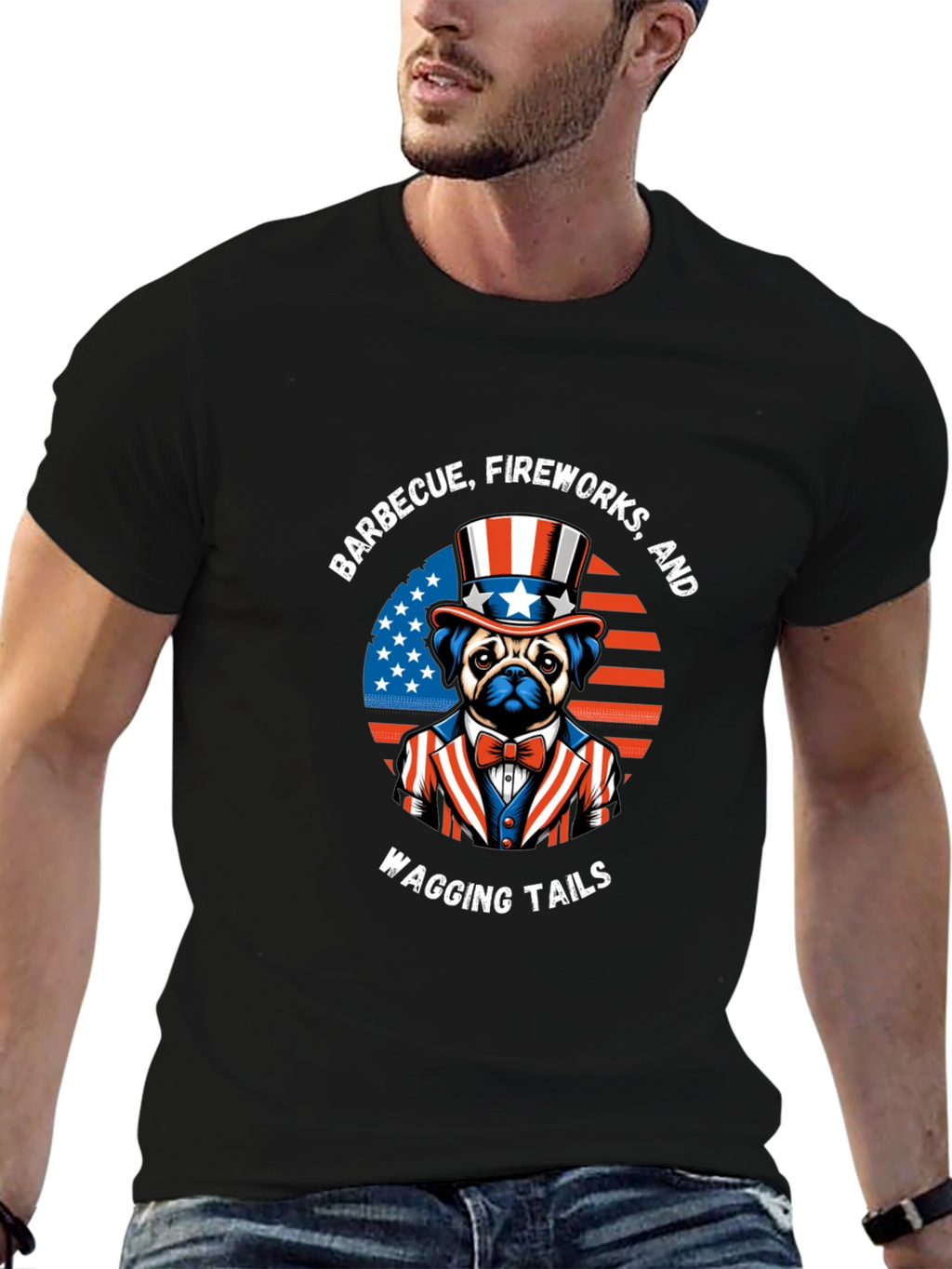 Patriotic Pug BBQ Fireworks Wagging Tails T-Shirt