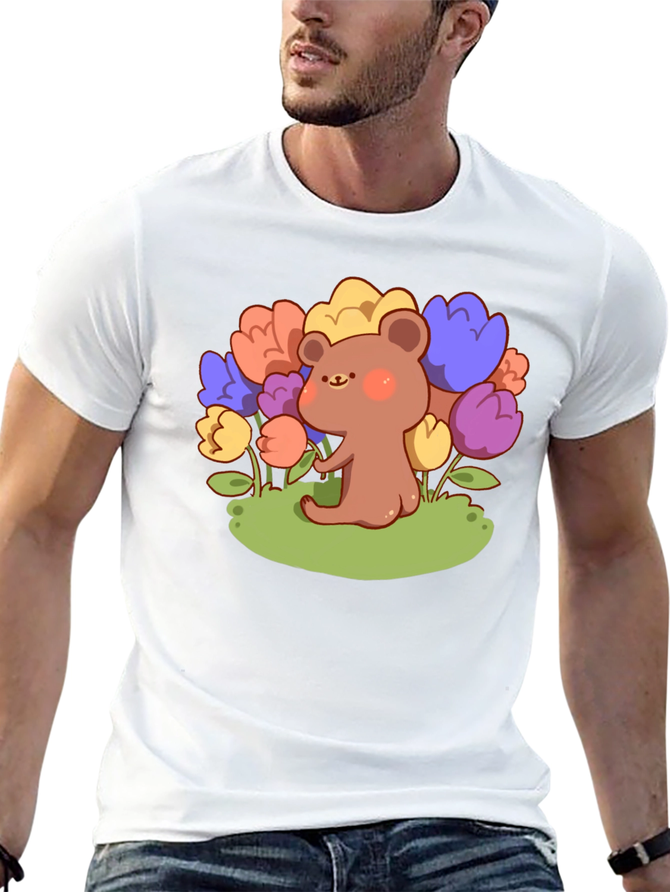 Cute Bear and Flowers Graphic T-Shirt - Black