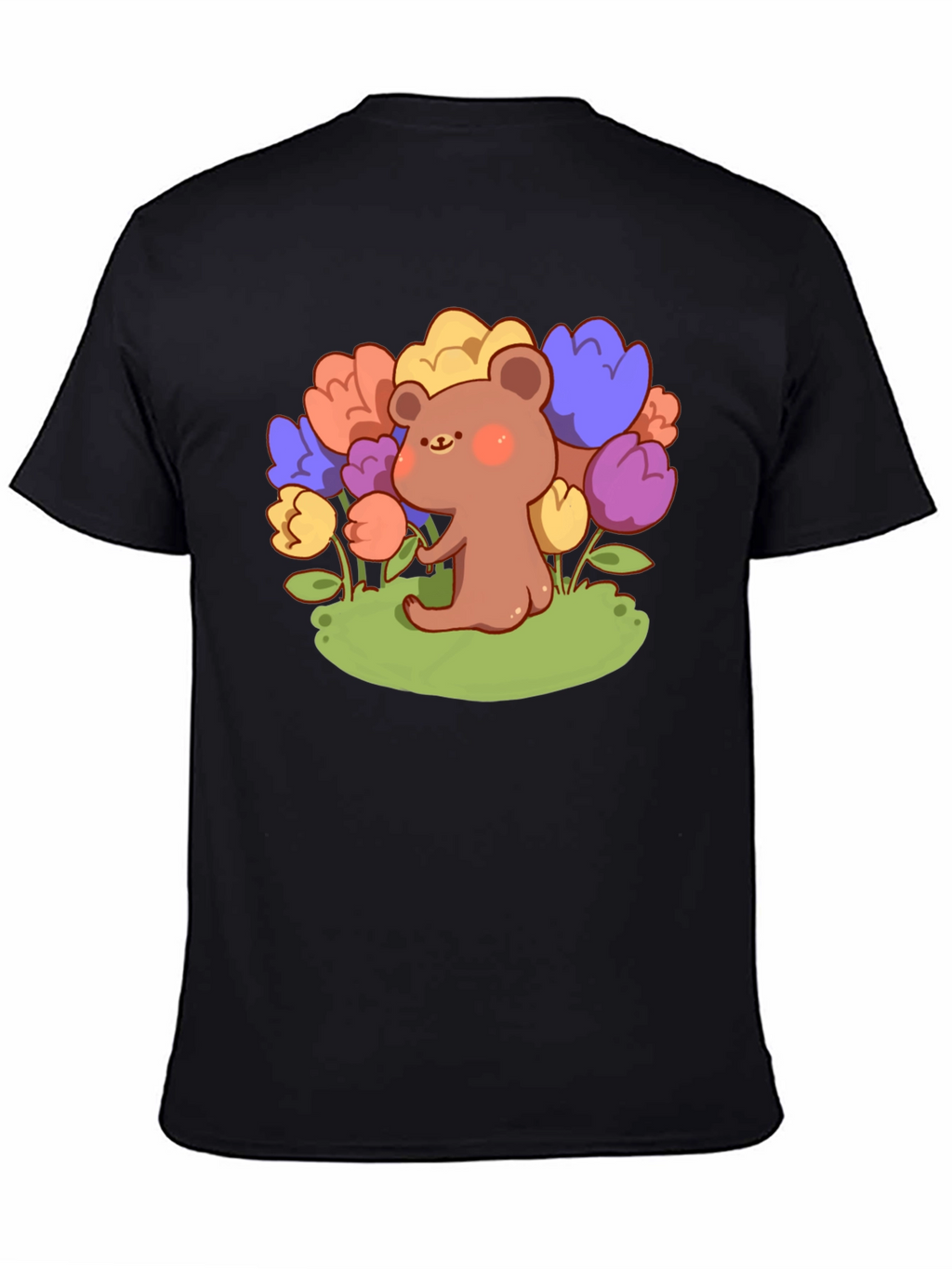 Cute Bear and Flowers Graphic T-Shirt - Black