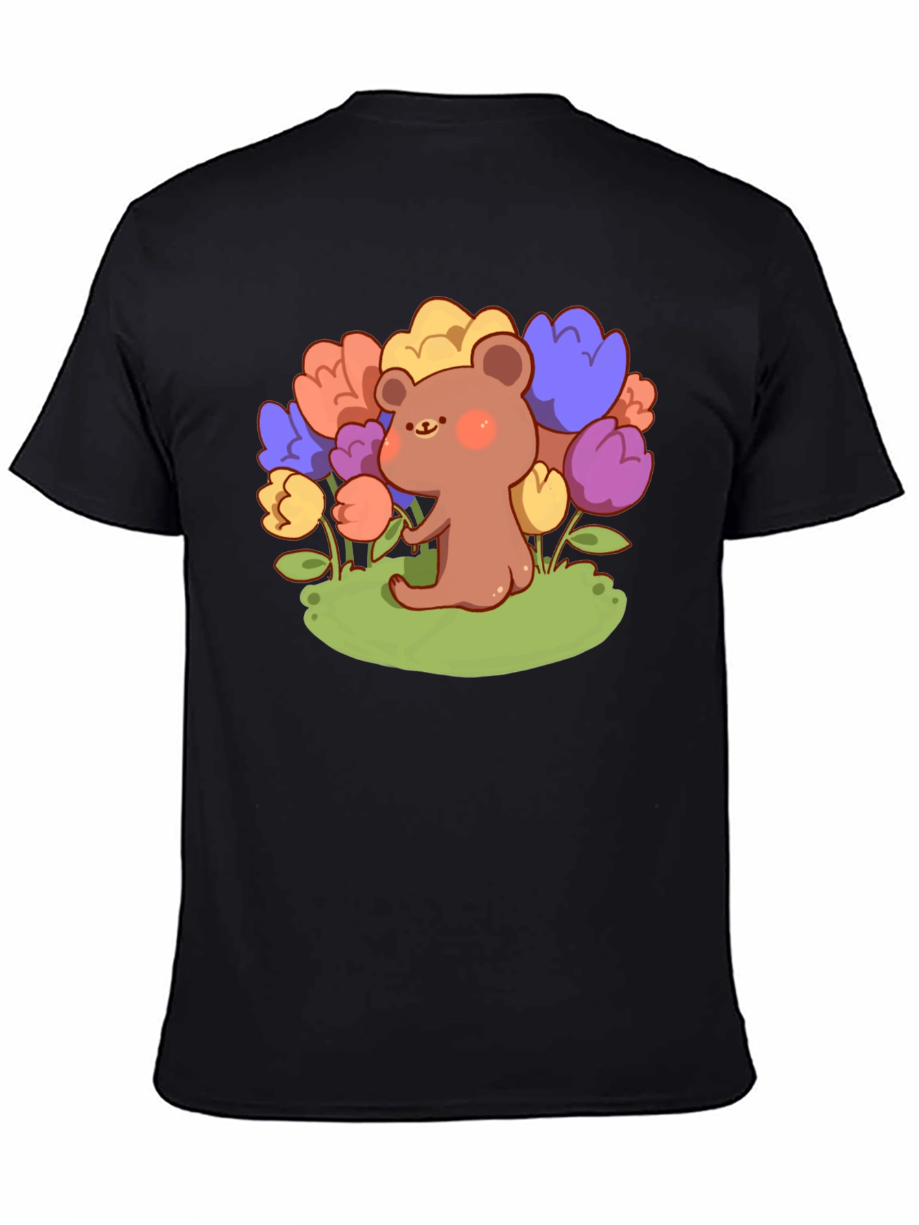 Cute Bear and Flowers Graphic T-Shirt - Black
