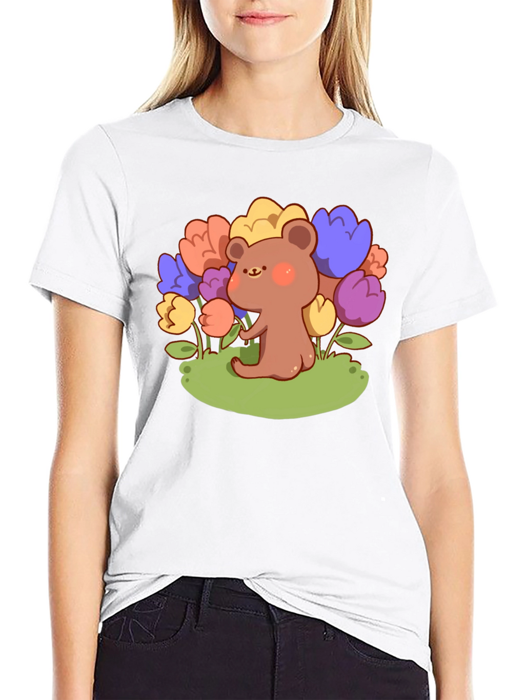 Cute Bear and Flowers Graphic T-Shirt - Black