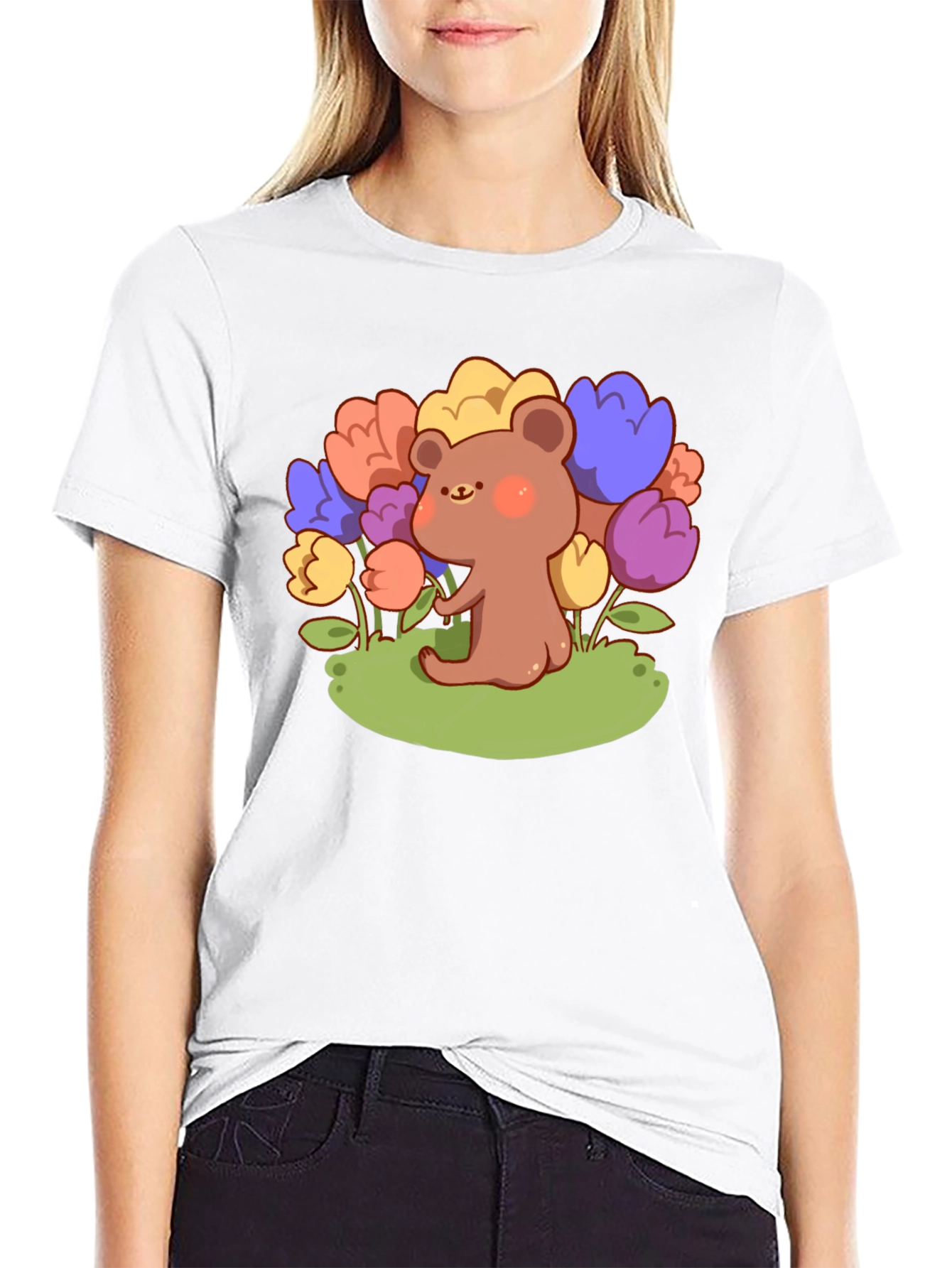 Cute Bear and Flowers Graphic T-Shirt - Black