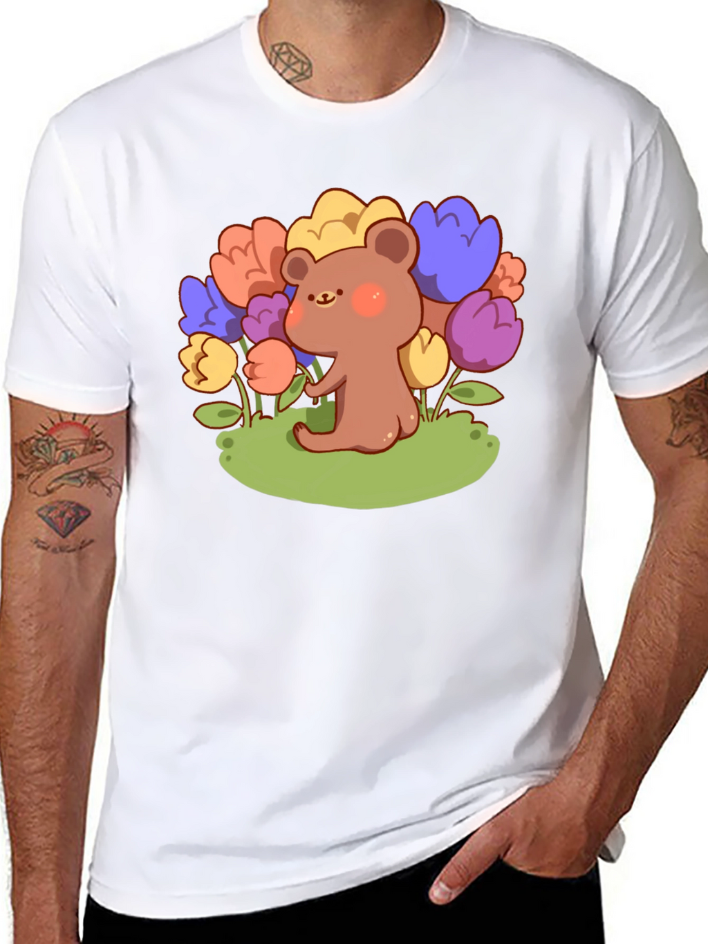 Cute Bear and Flowers Graphic T-Shirt - Black