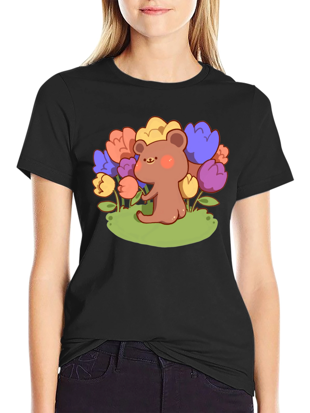 Cute Bear and Flowers Graphic T-Shirt - Black