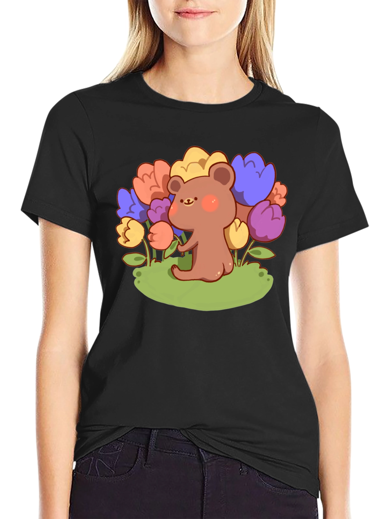 Cute Bear and Flowers Graphic T-Shirt - Black