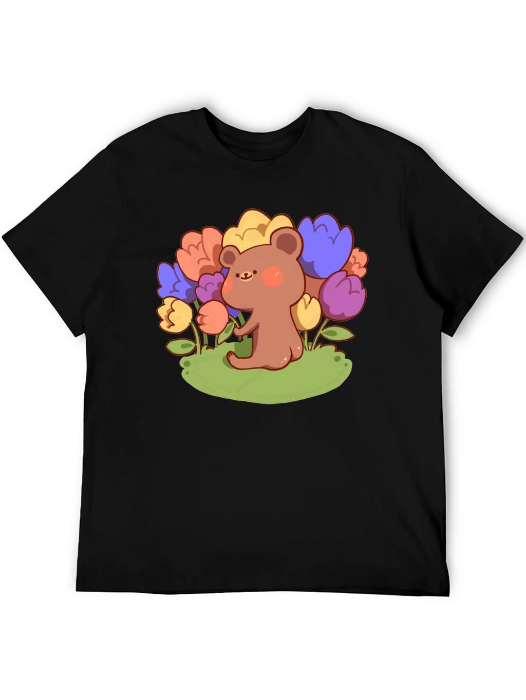 Cute Bear and Flowers Graphic T-Shirt - Black