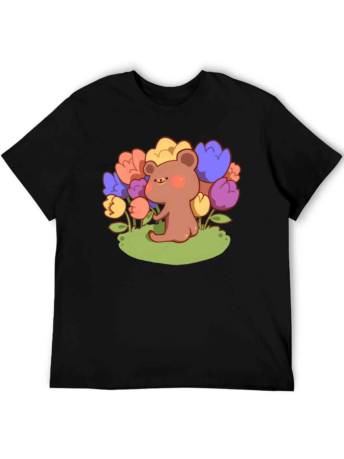 Cute Bear and Flowers Graphic T-Shirt - Black