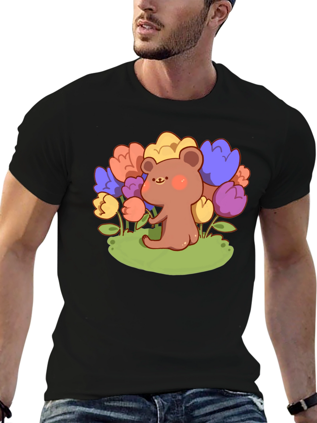 Cute Bear and Flowers Graphic T-Shirt - Black