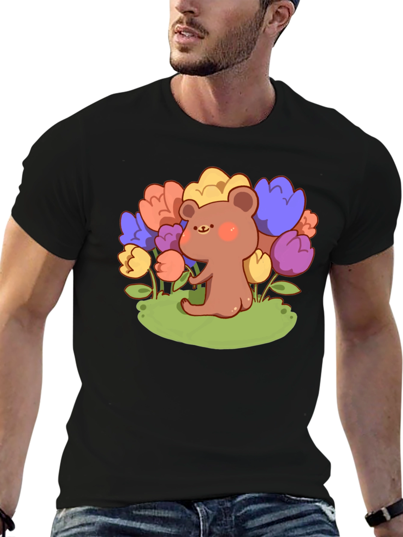 Cute Bear and Flowers Graphic T-Shirt - Black