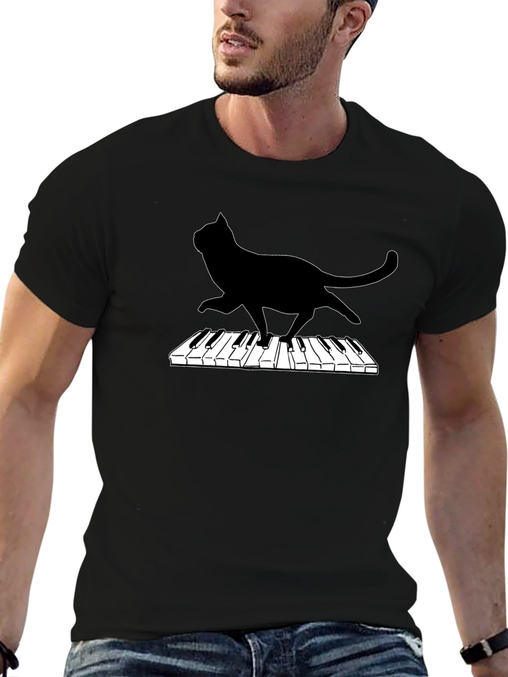 Cat Playing Piano Black Graphic Tee