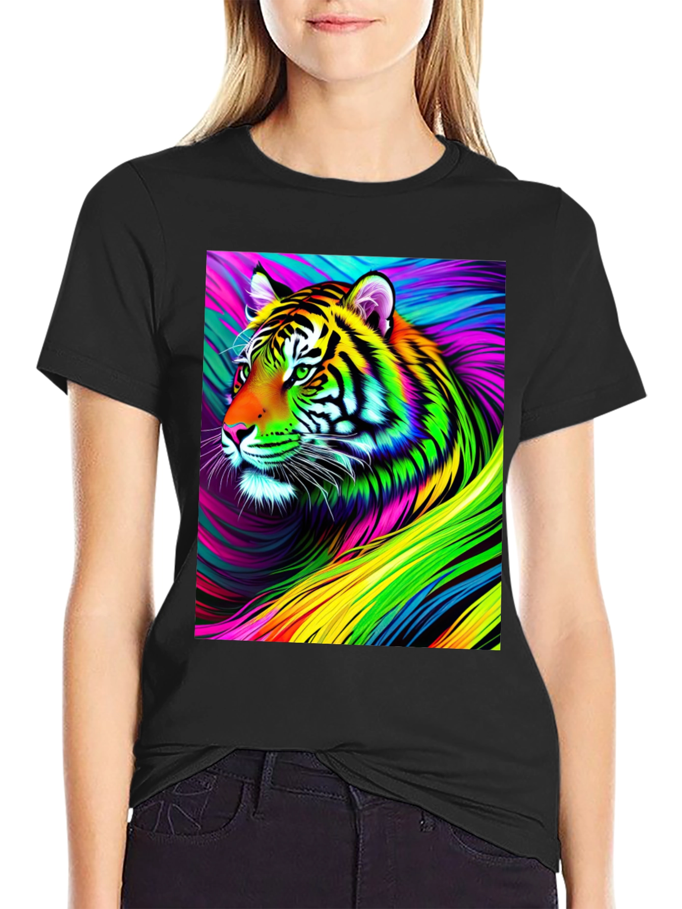 Vibrant Rainbow Tiger Graphic Tee - Mens Black T-Shirt