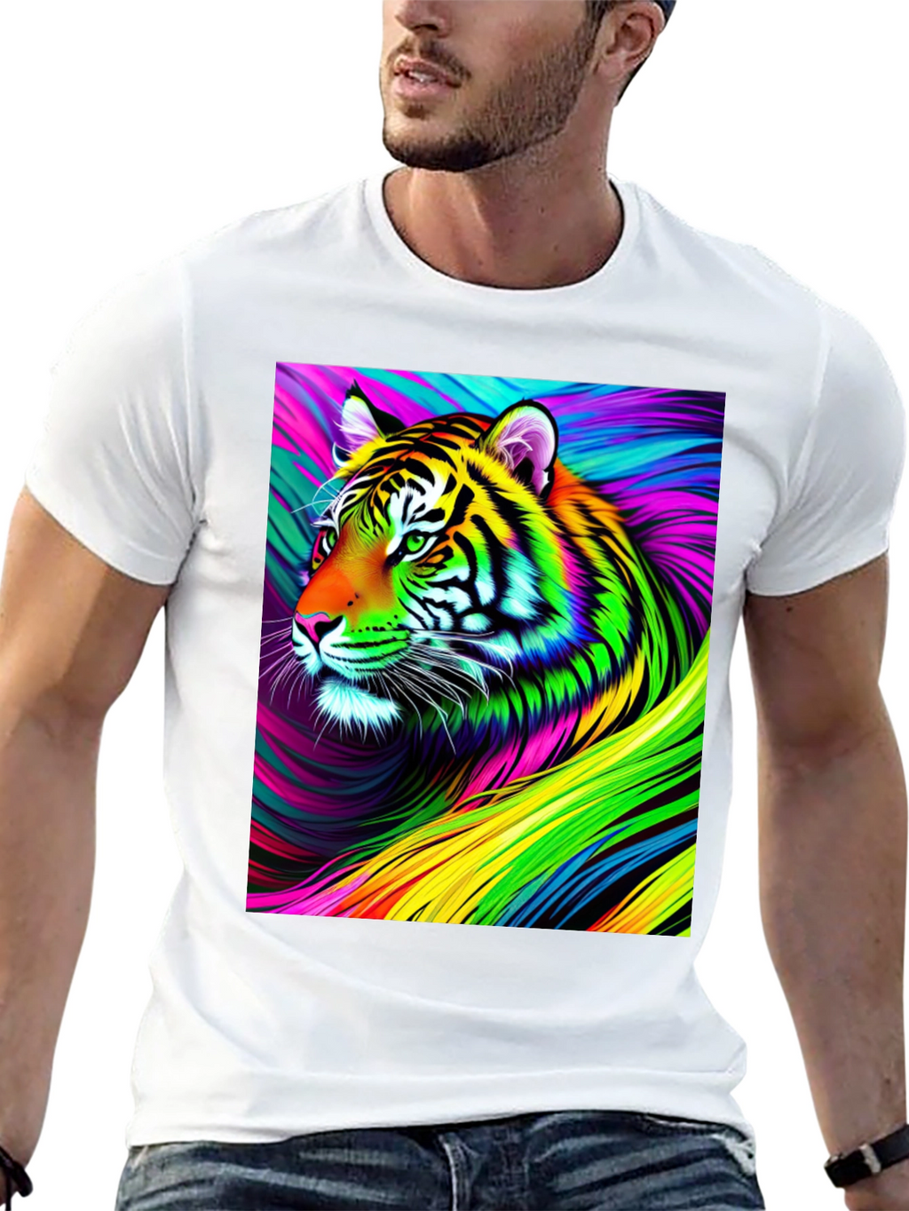 Vibrant Rainbow Tiger Graphic Tee - Mens Black T-Shirt