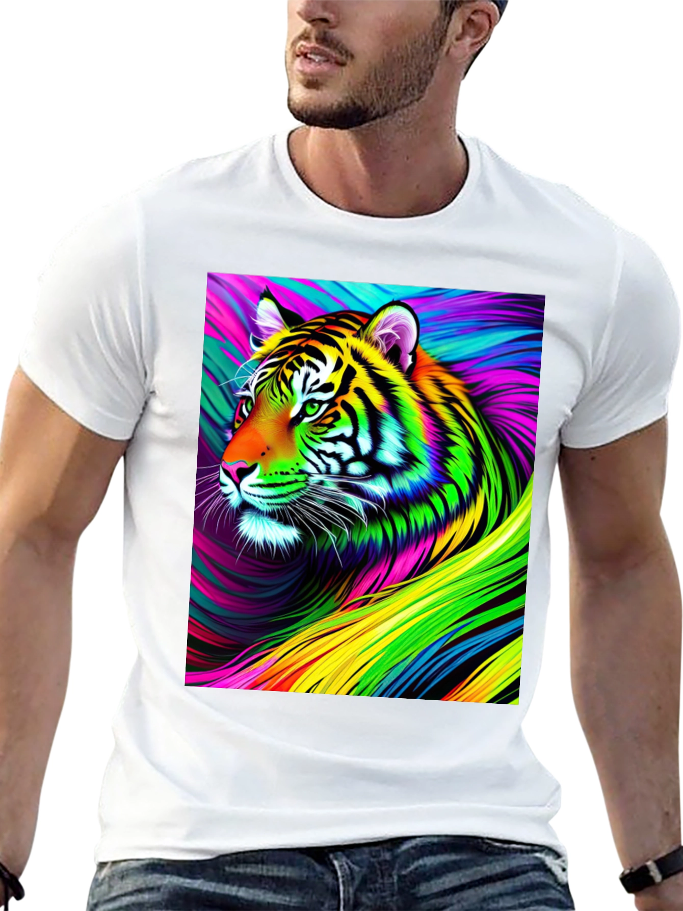 Vibrant Rainbow Tiger Graphic Tee - Mens Black T-Shirt