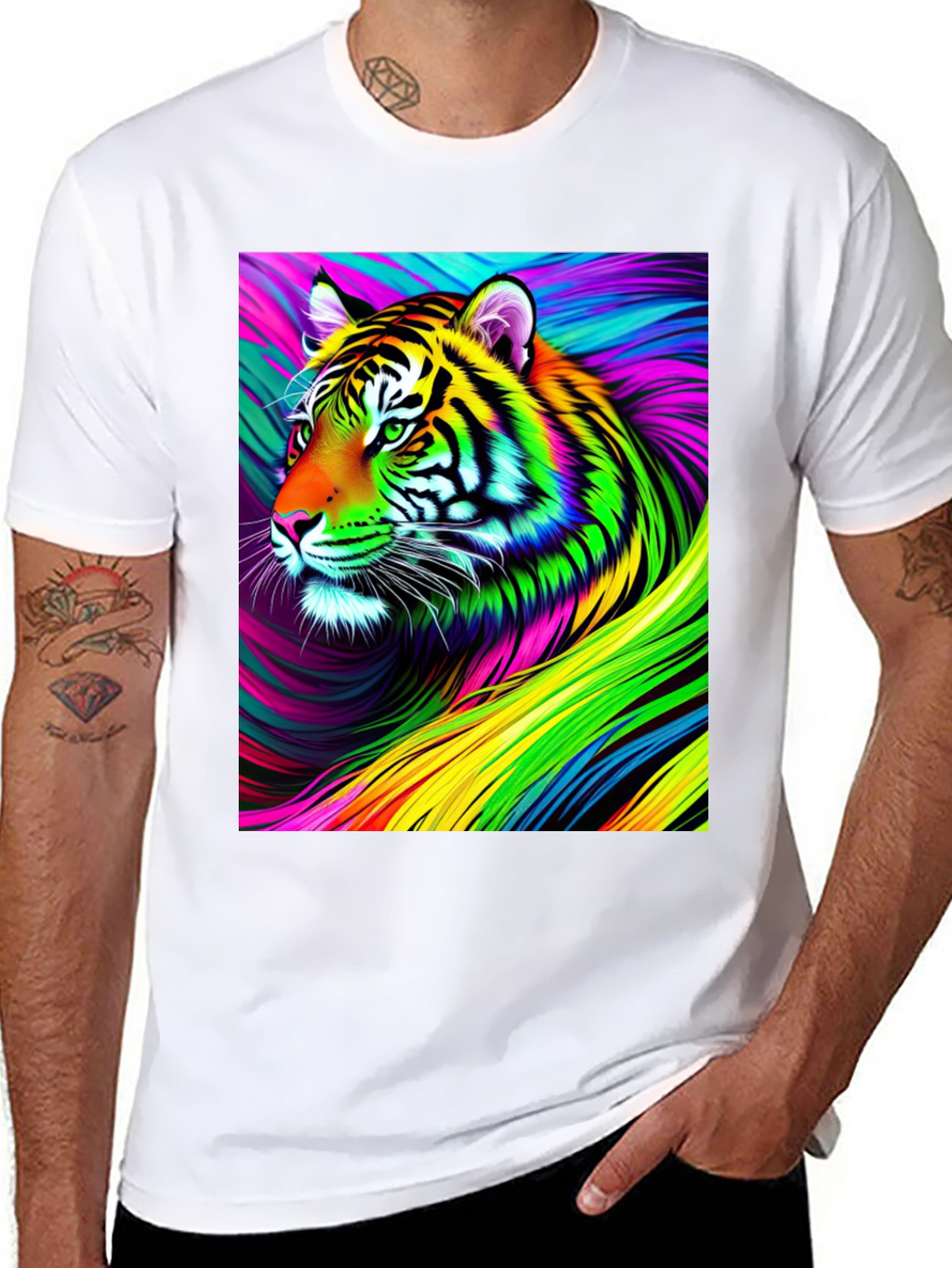 Vibrant Rainbow Tiger Graphic Tee - Mens Black T-Shirt