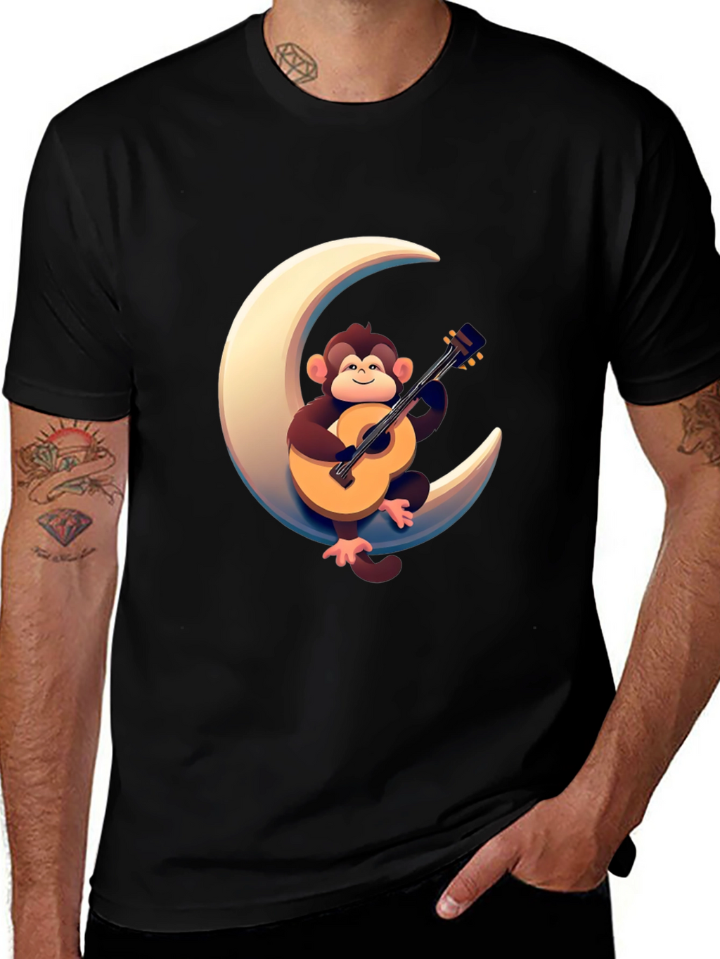 Monkey Guitar Moon Graphic Tee - Black T-Shirt