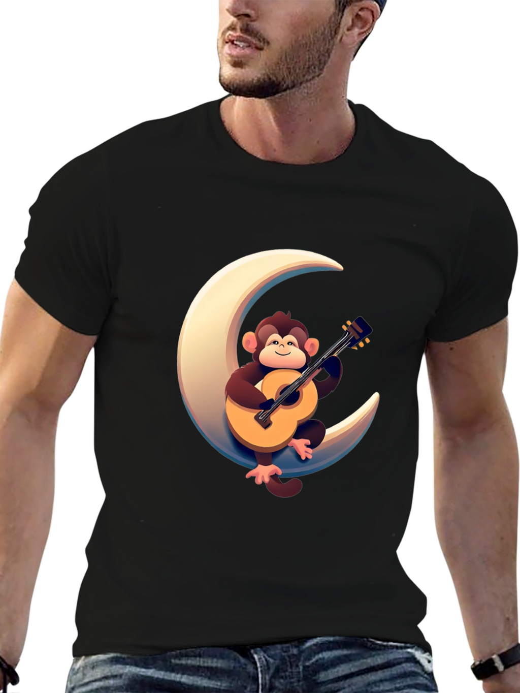 Monkey Guitar Moon Graphic Tee - Black T-Shirt