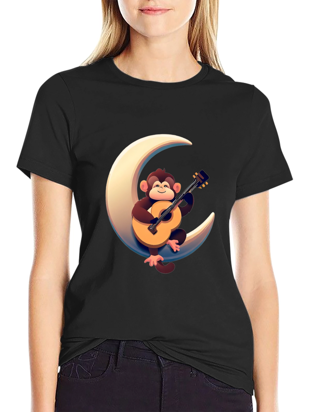 Monkey Guitar Moon Graphic Tee - Black T-Shirt