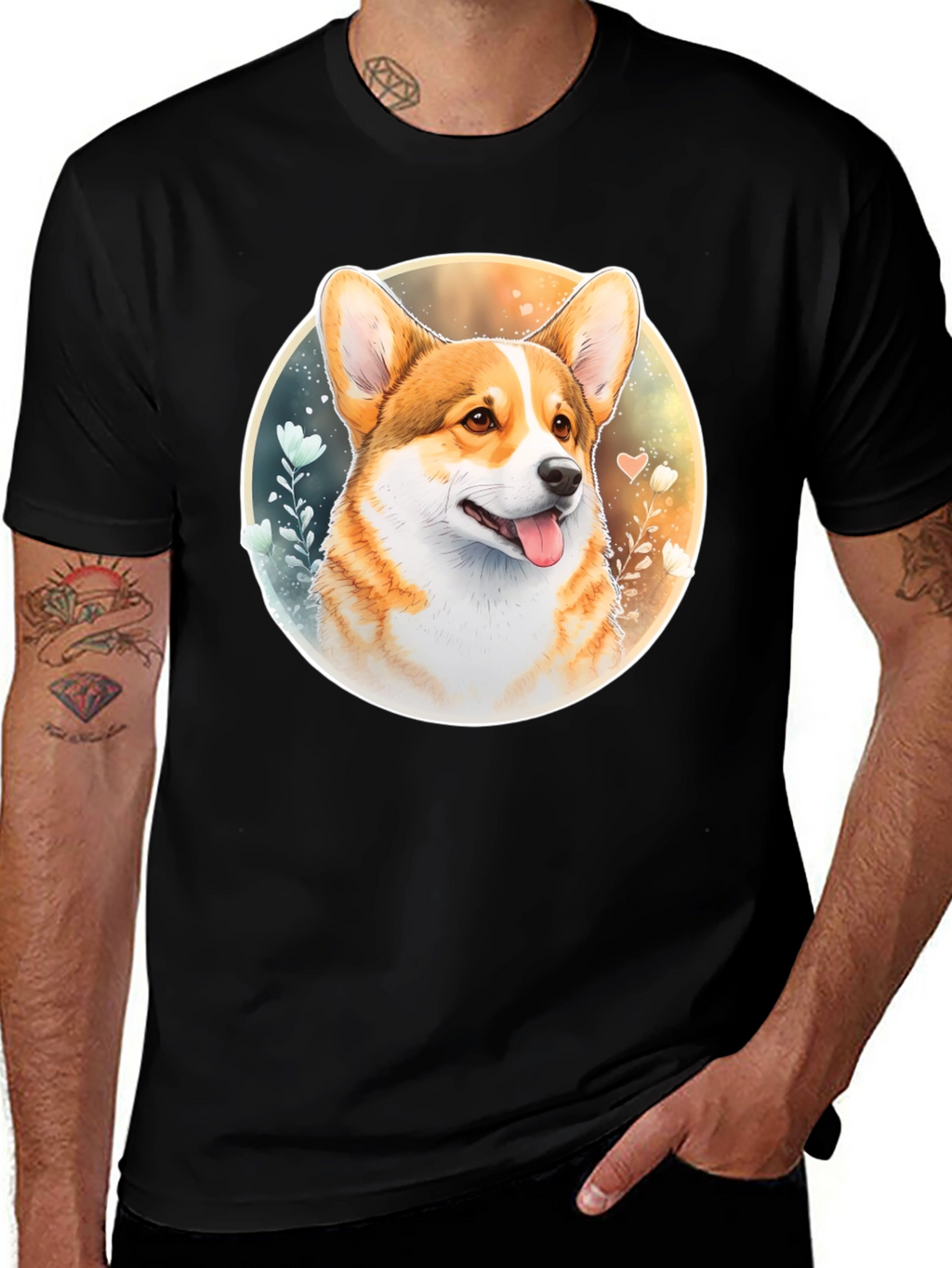 Corgi Portrait Black T-Shirt