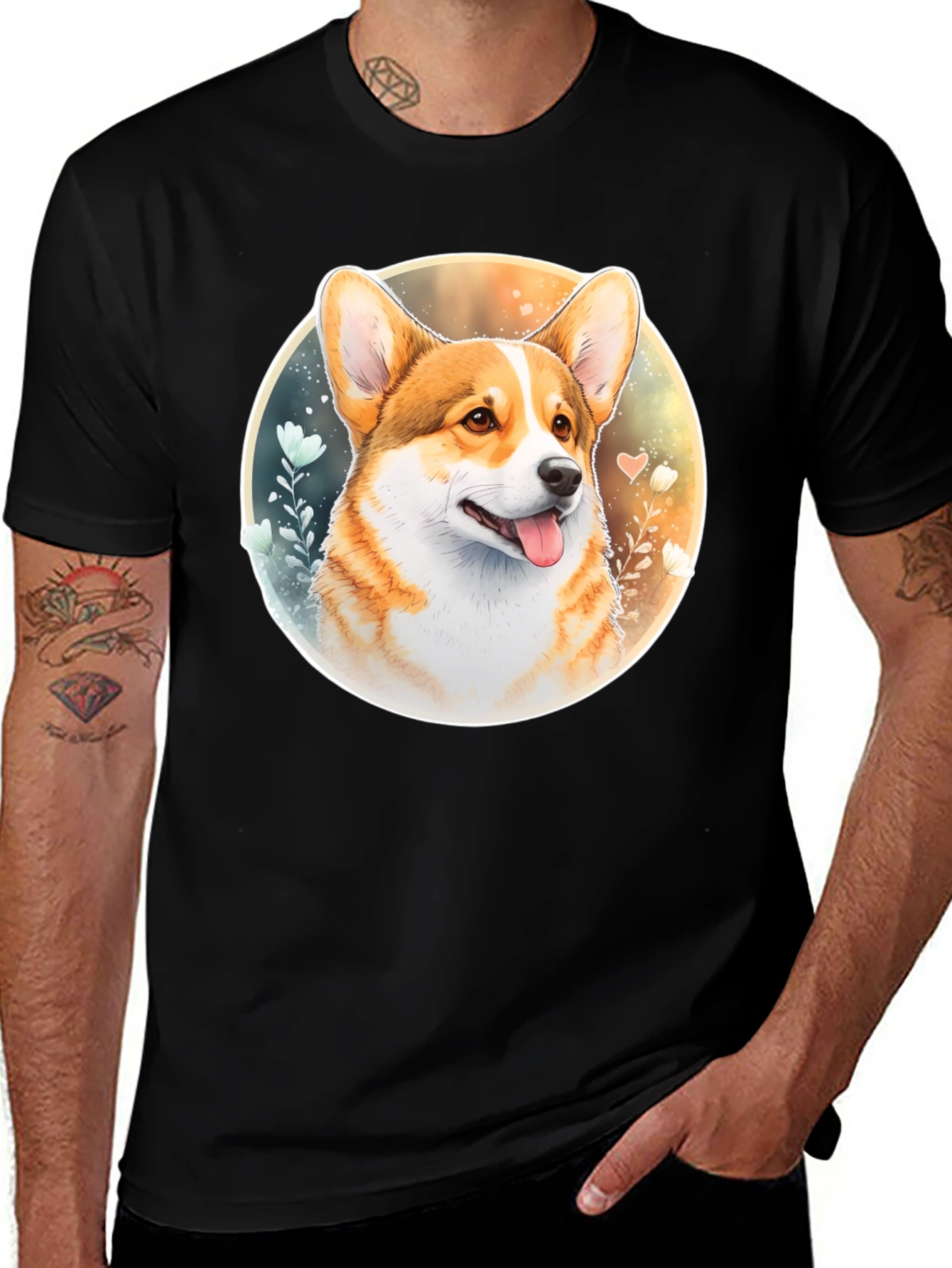 Corgi Portrait Black T-Shirt