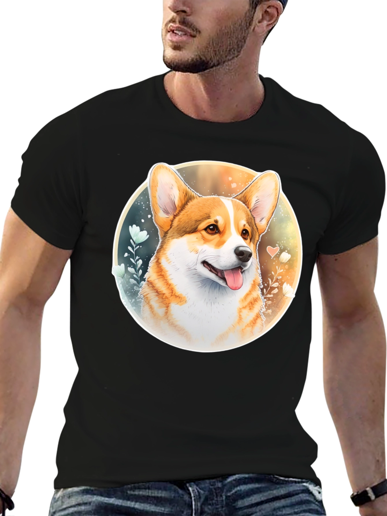 Corgi Portrait Black T-Shirt