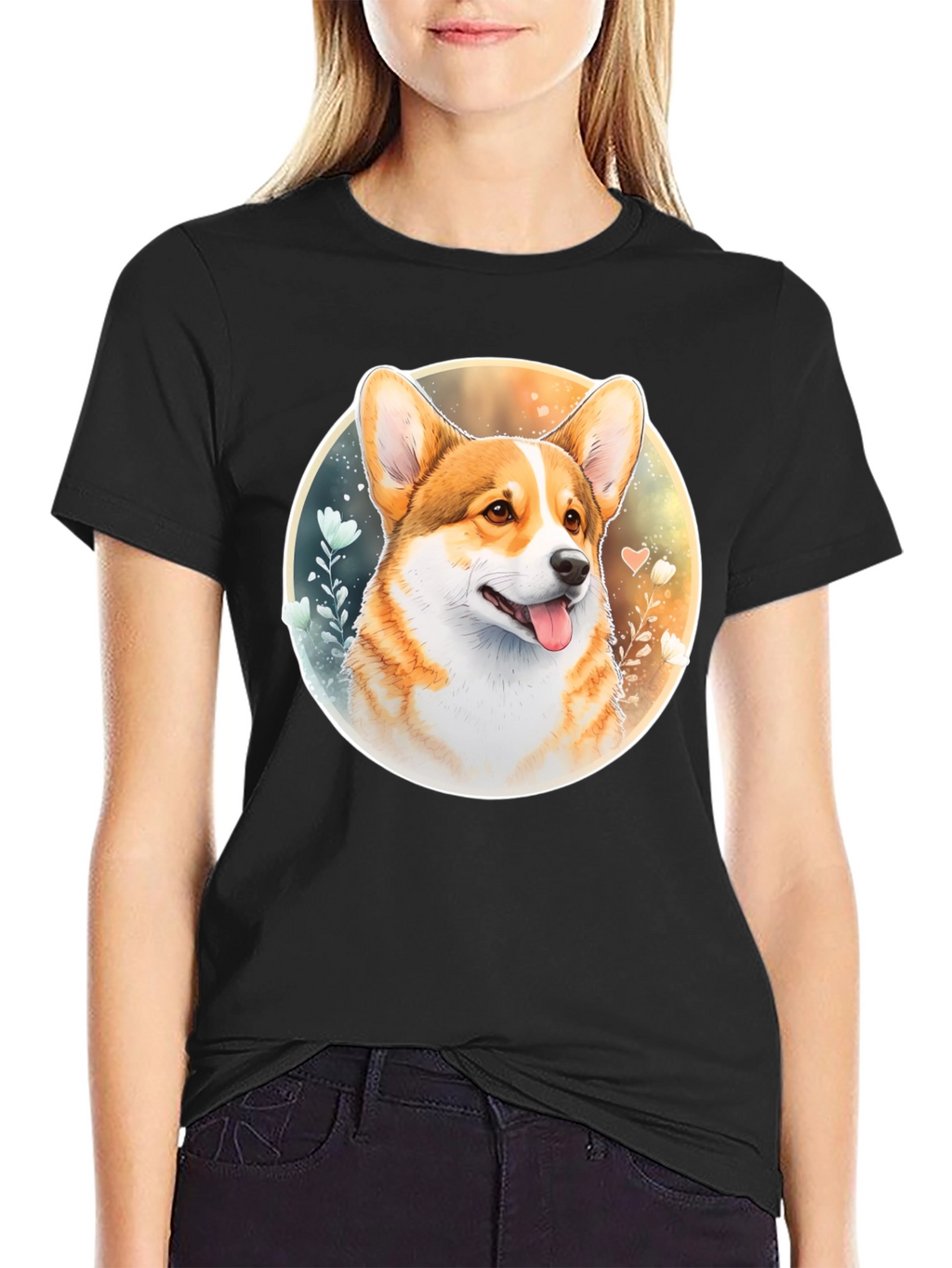 Corgi Portrait Black T-Shirt