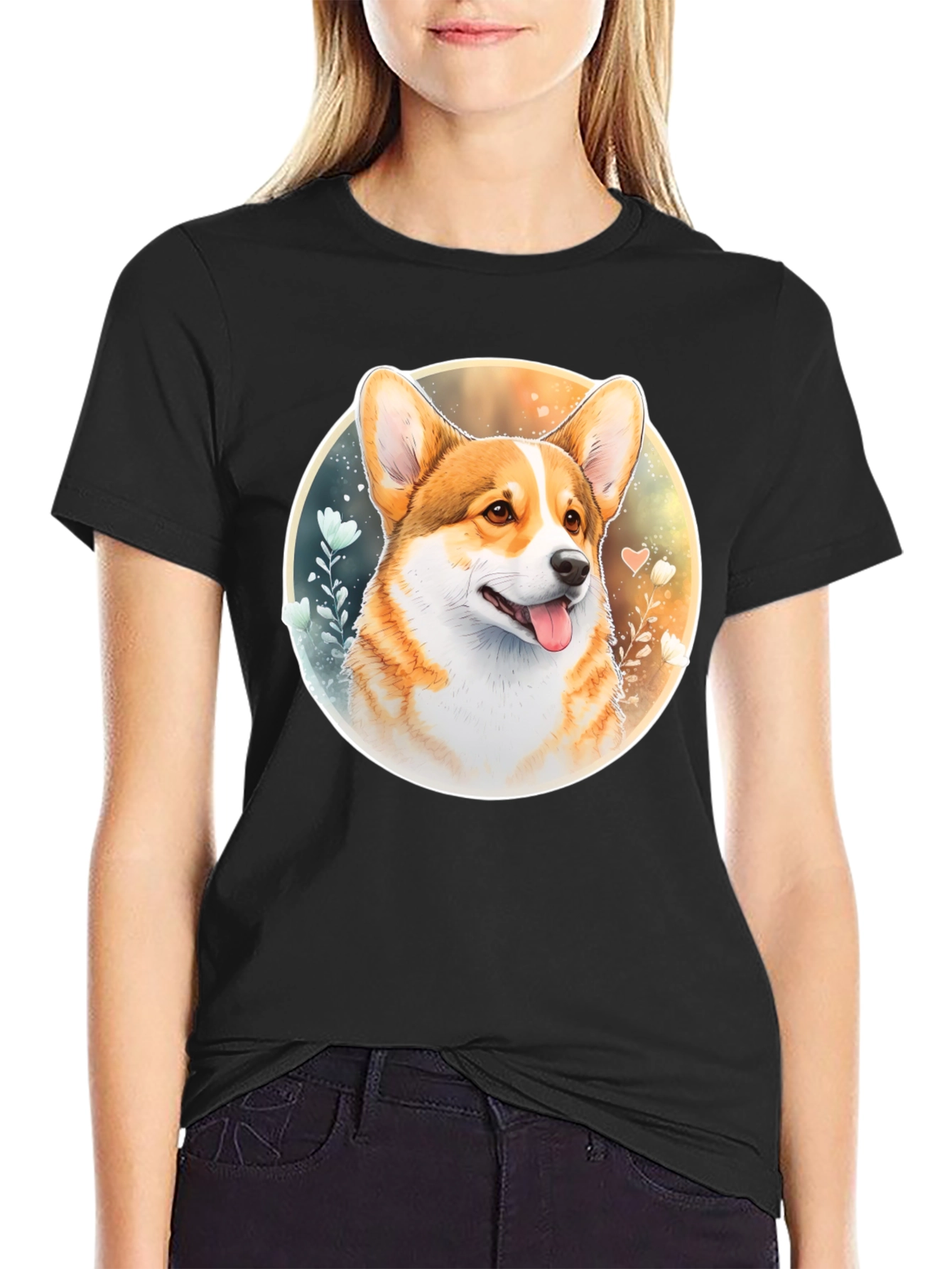 Corgi Portrait Black T-Shirt