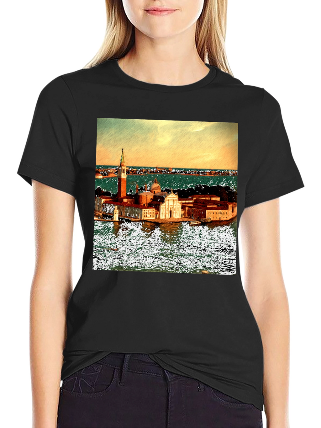 Venice Italy Island Print Black T-Shirt