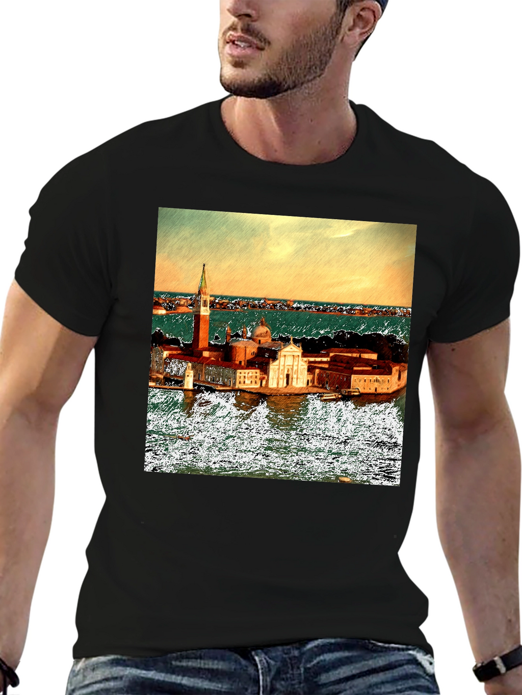 Venice Italy Island Print Black T-Shirt