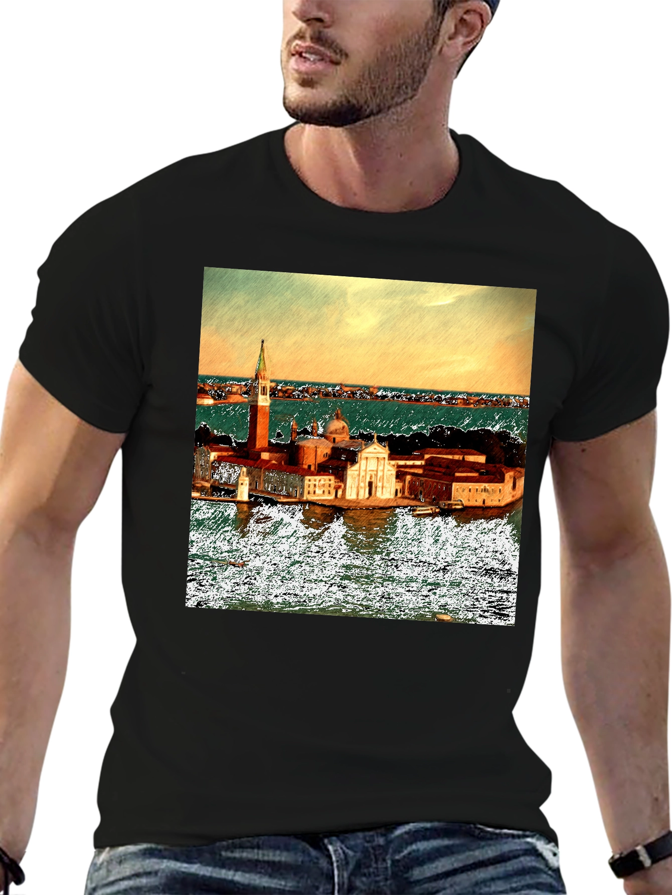Venice Italy Island Print Black T-Shirt