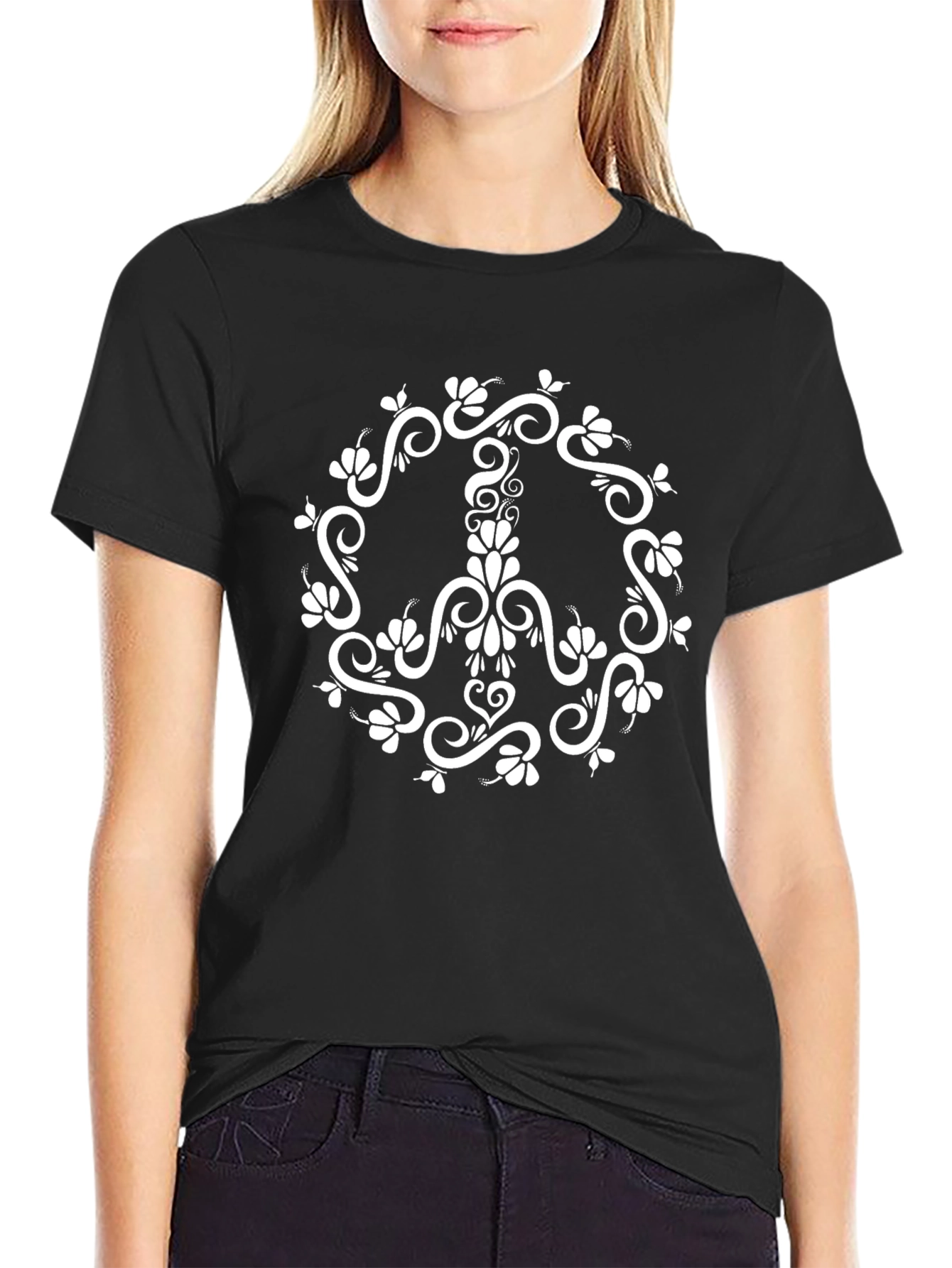 Floral Peace Sign Graphic T-Shirt - Black