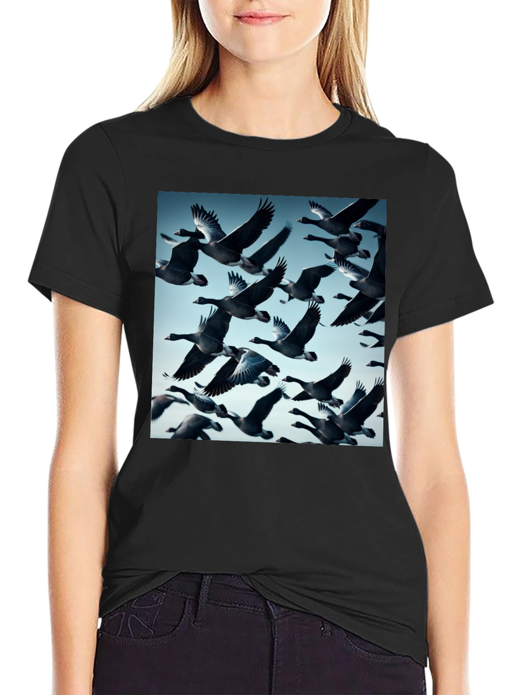 Mens Black T-Shirt with Flying Geese Print