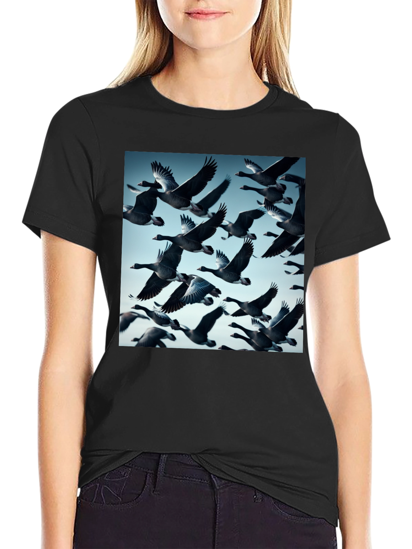 Mens Black T-Shirt with Flying Geese Print