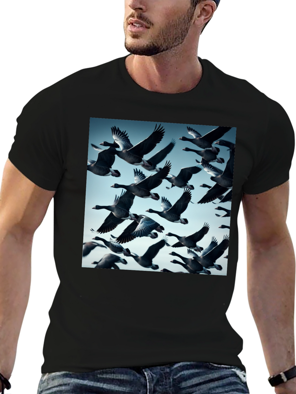 Mens Black T-Shirt with Flying Geese Print