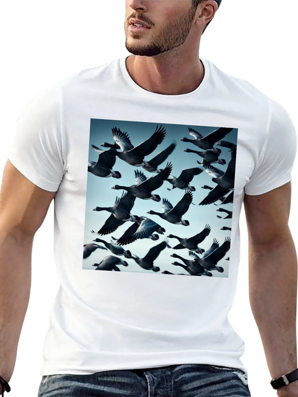 Mens Black T-Shirt with Flying Geese Print
