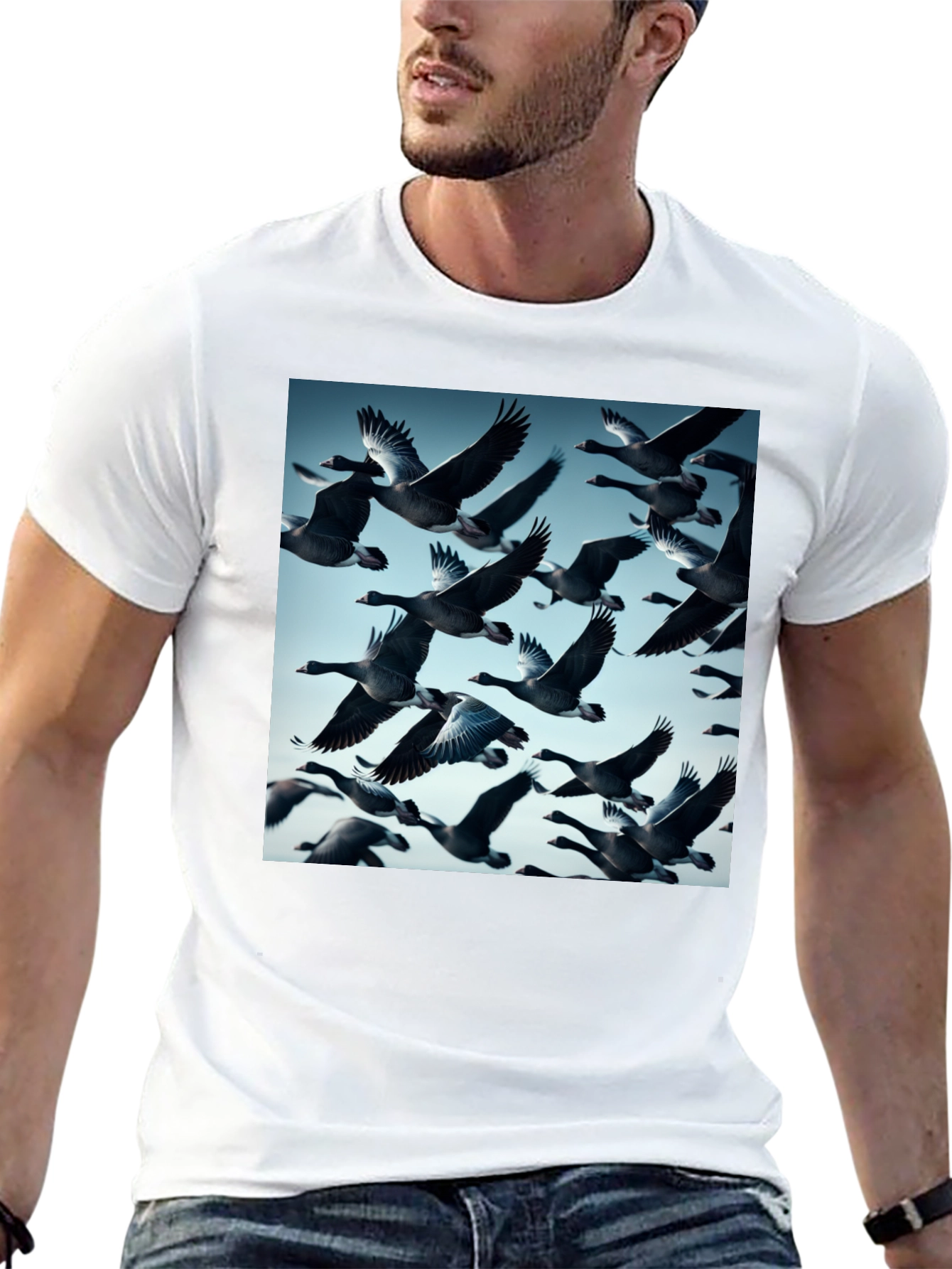 Mens Black T-Shirt with Flying Geese Print