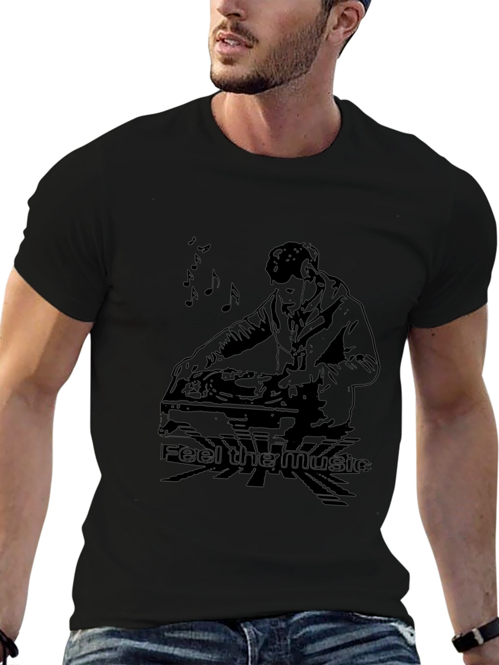 DJ Feel the Music Graphic Black T-Shirt