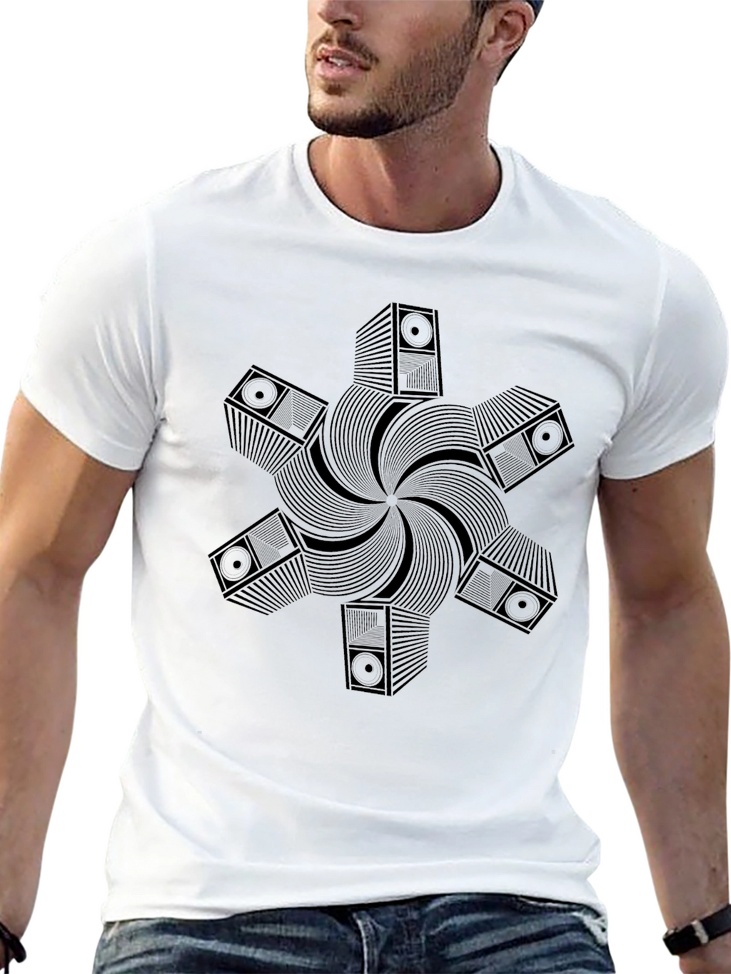 Geometric Speaker Pattern Black T-Shirt