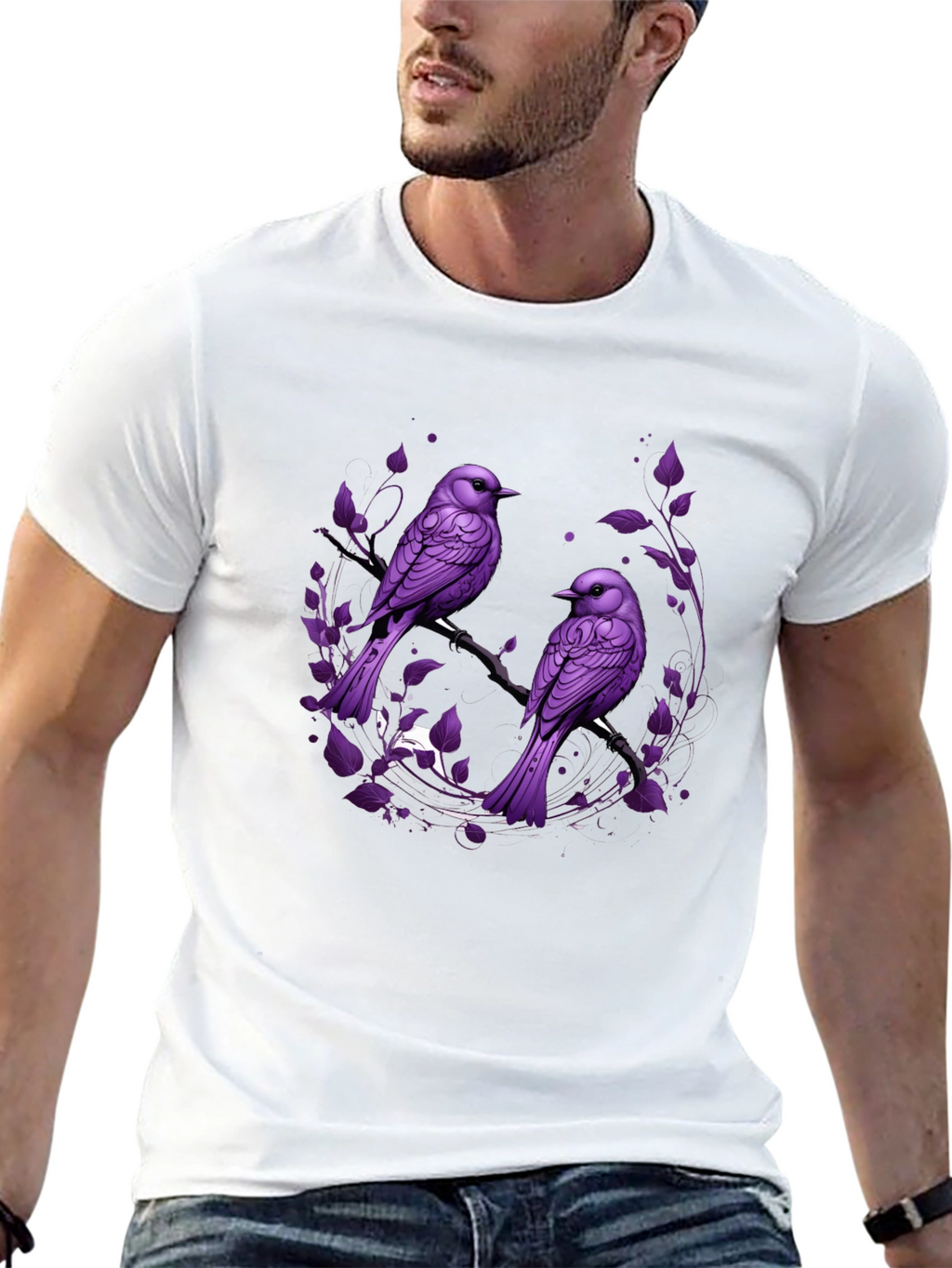 Purple Bird Graphic Tee - Nature Inspired Mens T-Shirt