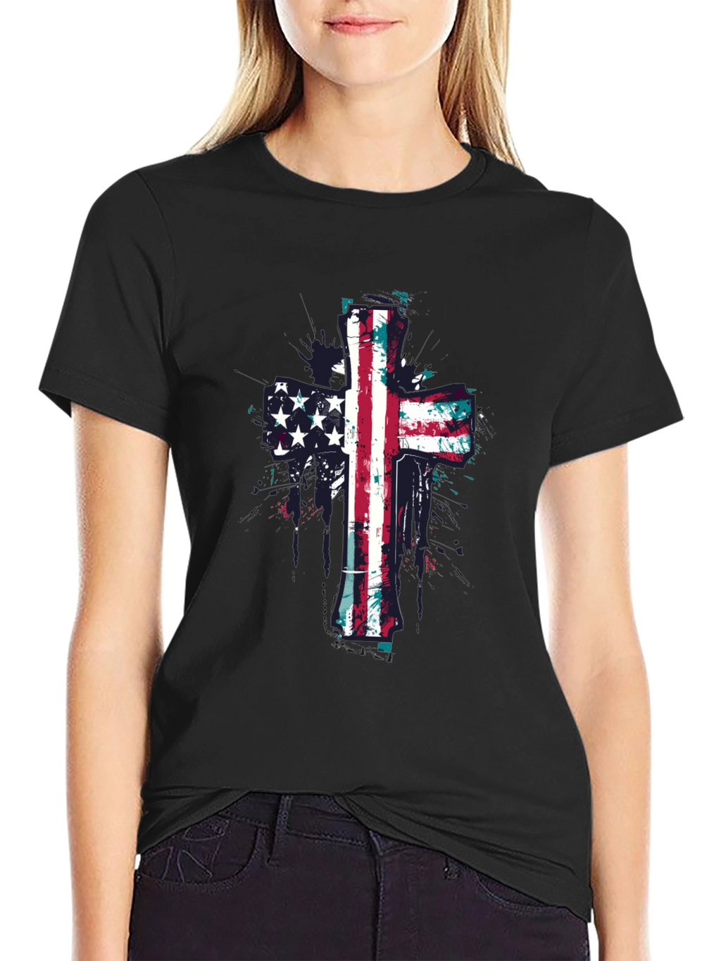 American Flag Cross Graphic Tee - Black
