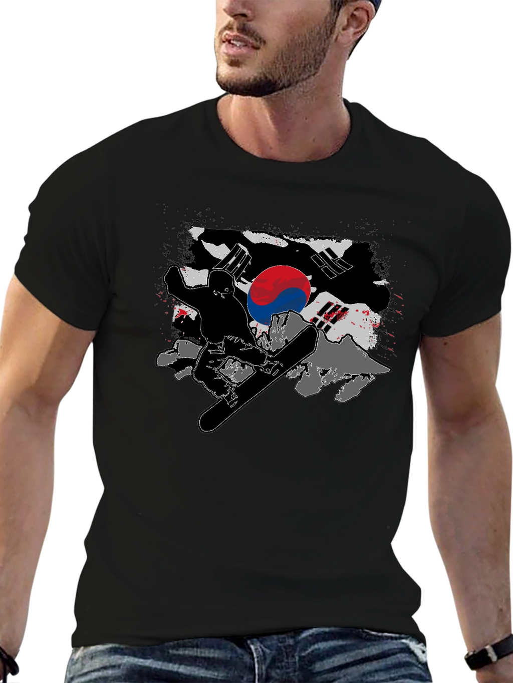 South Korea Flag Snowboarder Black T-Shirt
